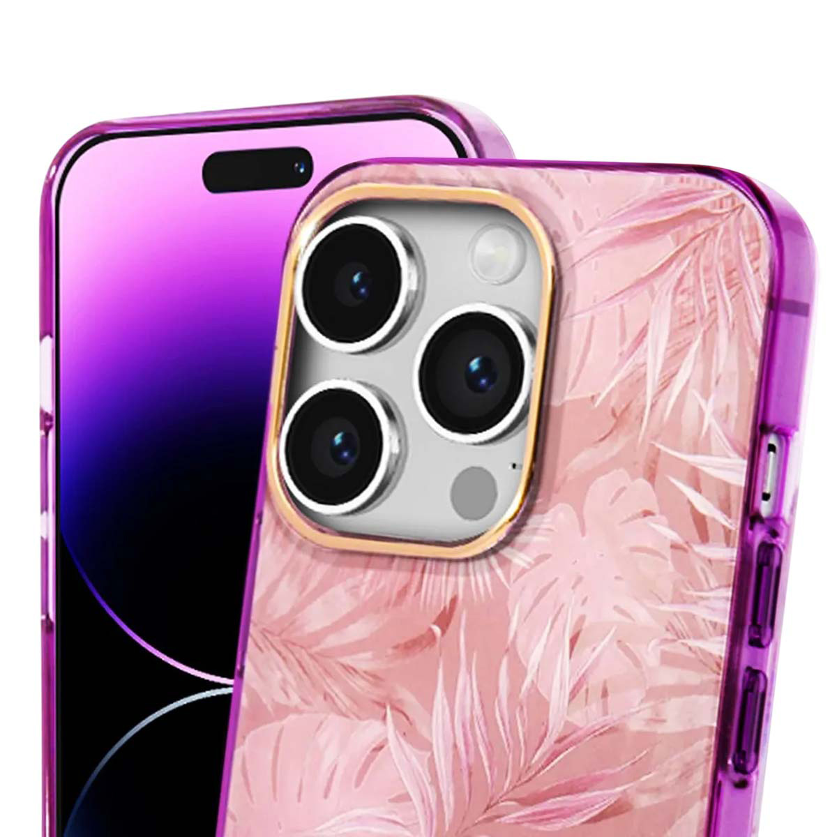 Primo piano di un telefono in una custodia rosa con un design floreale. Il telefono ha tre fotocamere e uno schermo viola.