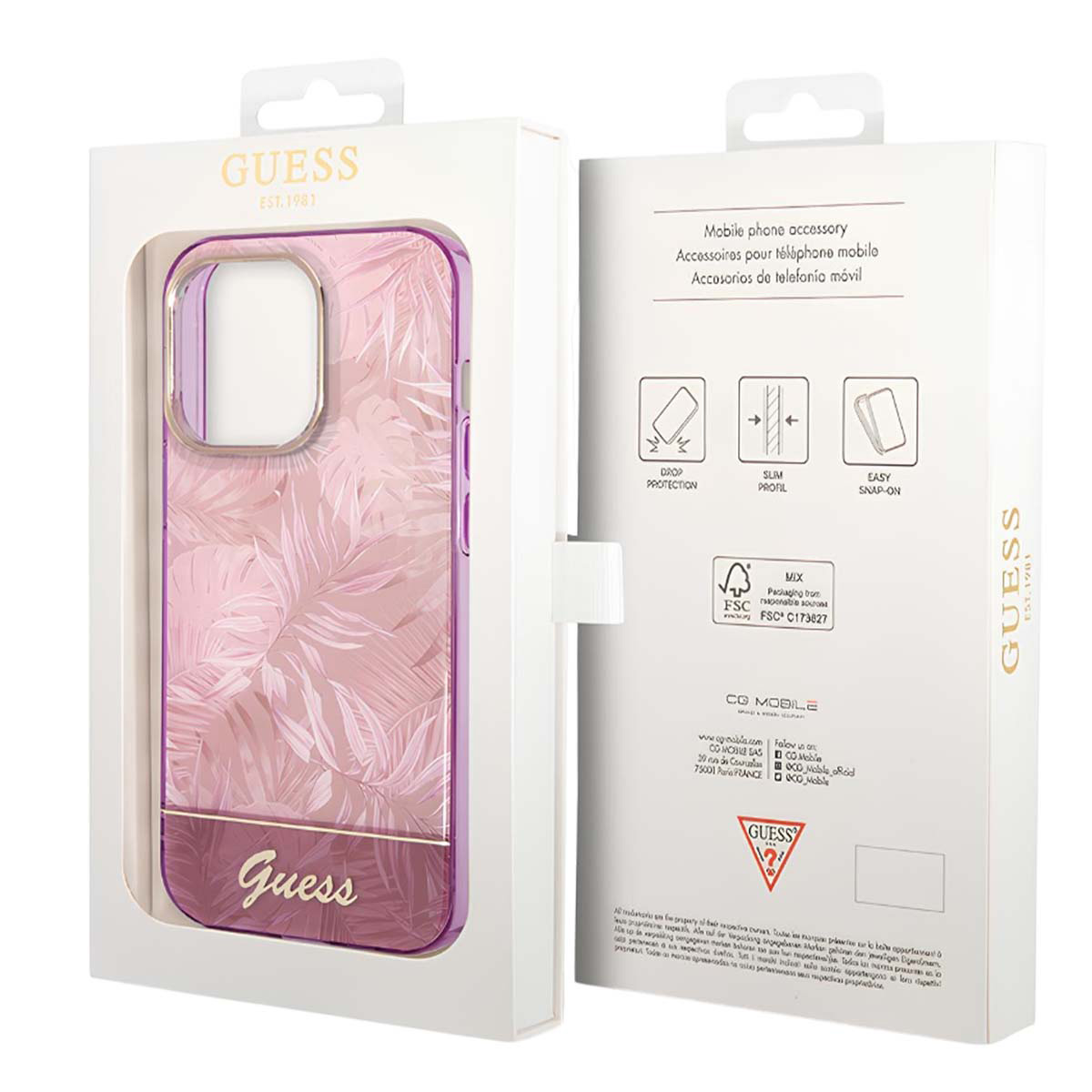 Una custodia per telefono Guess in una scatola. La custodia è rosa con un disegno a foglie. La scatola è bianca con testo e loghi.
