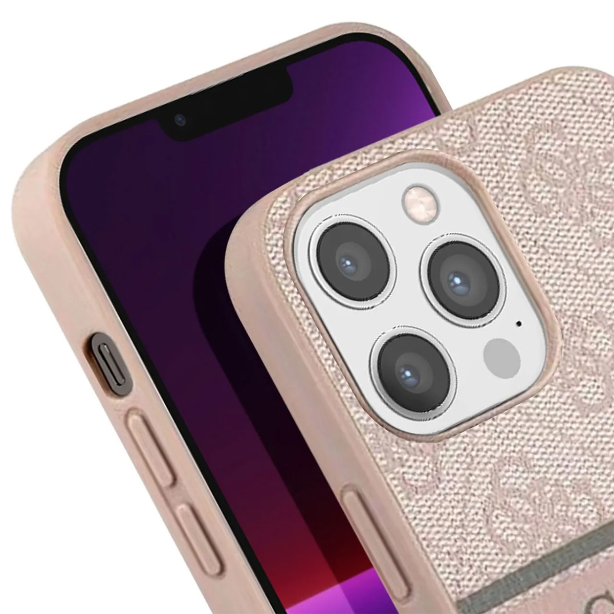 Primo piano di un telefono in una custodia rosa. Il telefono è nero e la custodia ha un motivo.
