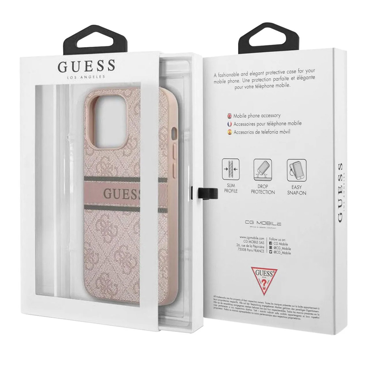 Una custodia per telefono Guess nella sua scatola. La custodia è rosa con il logo Guess. La scatola è bianca con testo e loghi.