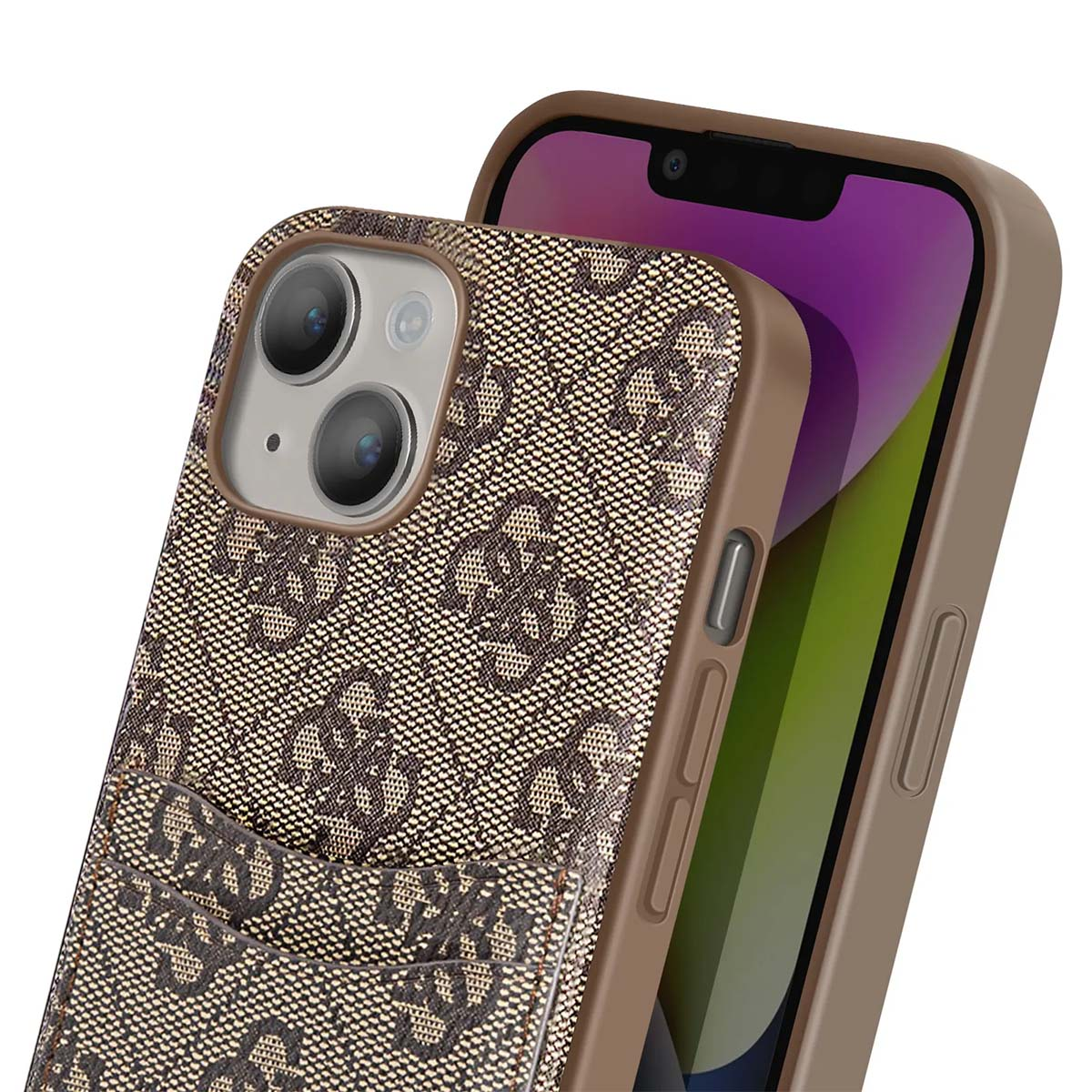 Una custodia marrone con un design a fantasia, che tiene un telefono con schermo viola. La custodia ha uno slot.