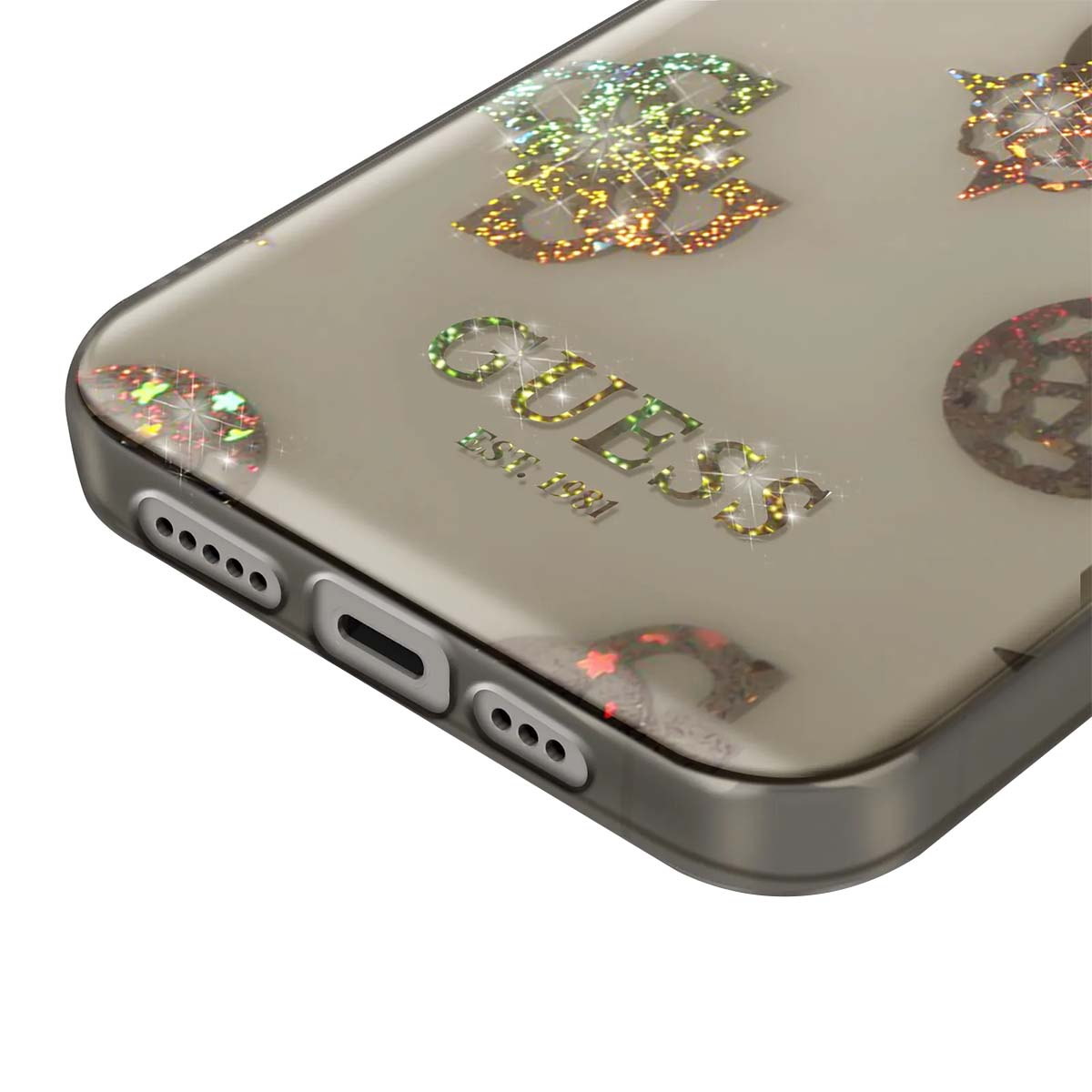 Custodia trasparente per telefono con logo Guess e glitter. La custodia ha un bordo grigio e ritagli per i pulsanti e le porte.
