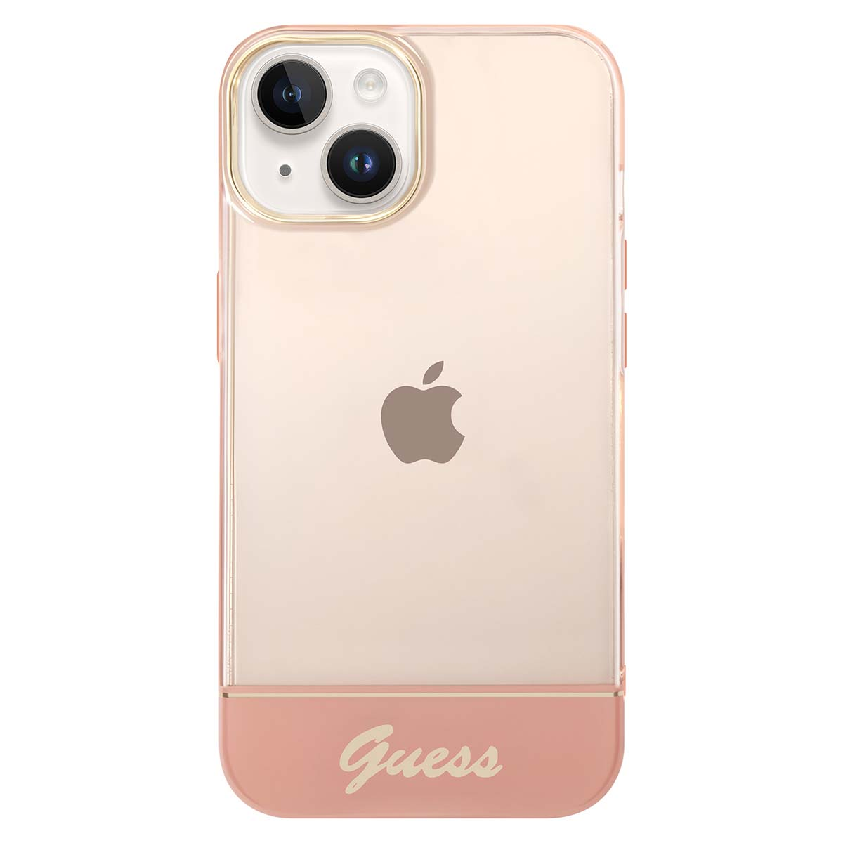 Un telefono in una custodia Guess. La custodia è rosa e trasparente. Il logo Apple è visibile. 'Guess' è scritto in basso.