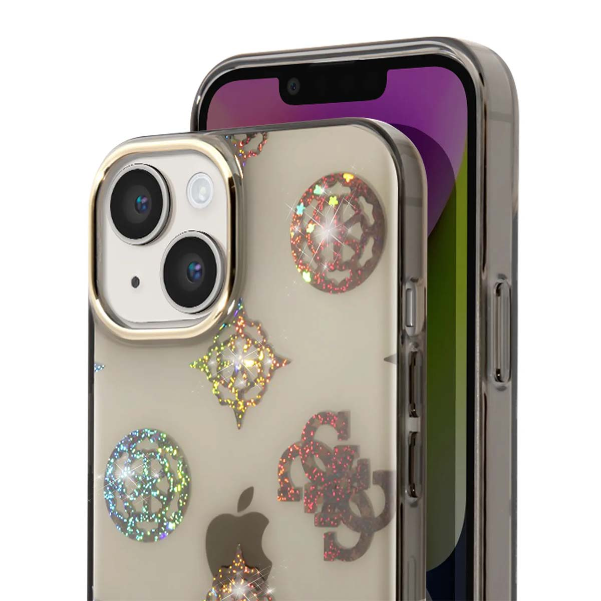 Primo piano di un telefono in una custodia trasparente con loghi glitterati. Un altro telefono è dietro. La custodia ha dettagli dorati.