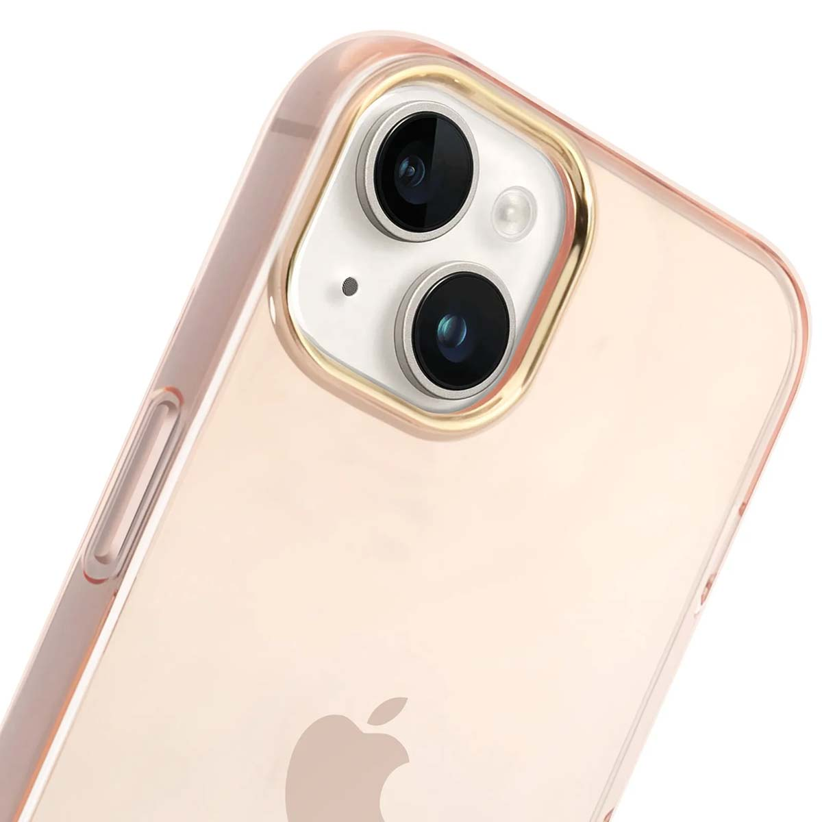Primo piano di un telefono in una custodia rosa trasparente. Sono visibili due obiettivi della fotocamera. Il logo Apple è in basso.