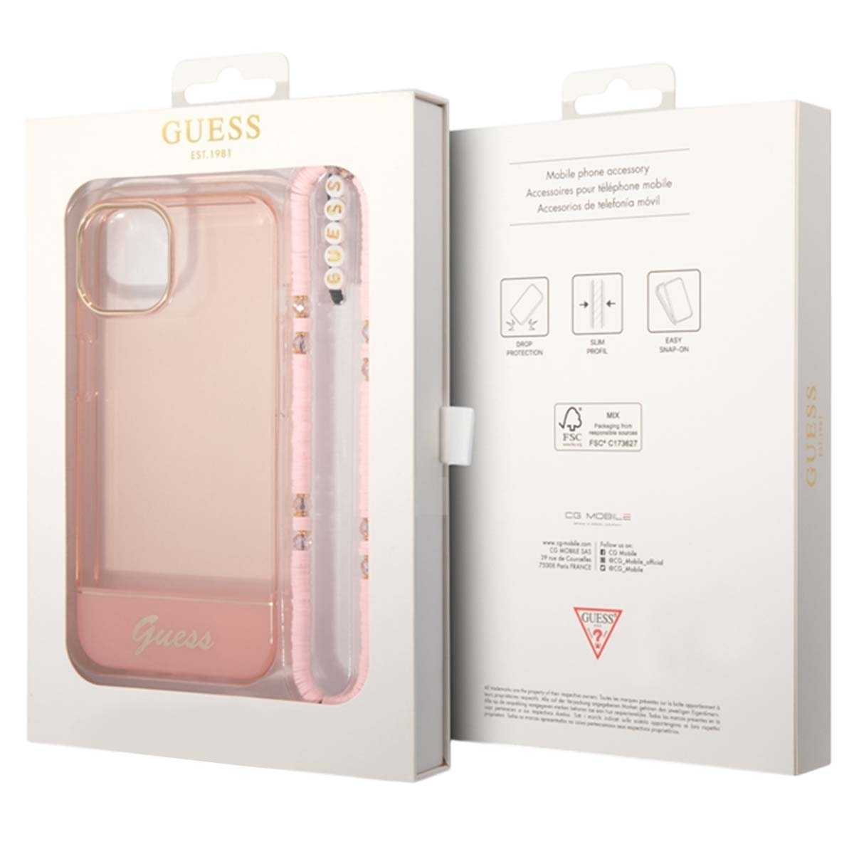Una custodia per telefono Guess in una scatola. La custodia è rosa e oro con il logo Guess. La scatola è bianca con testo e loghi.