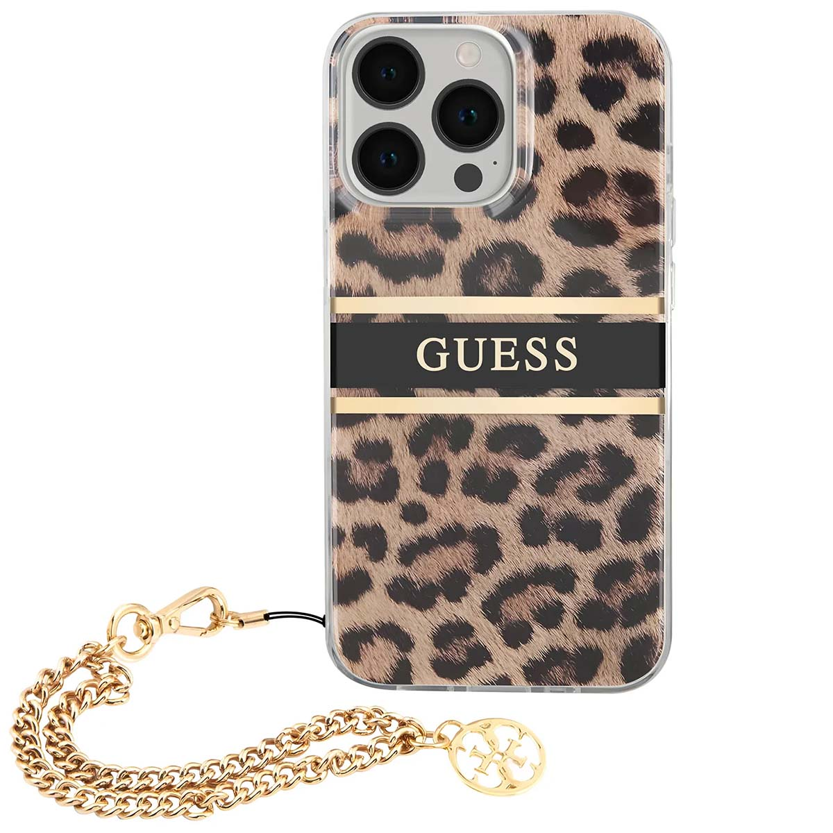 Una custodia per telefono con stampa leopardata e catena dorata. La custodia ha la scritta "GUESS".