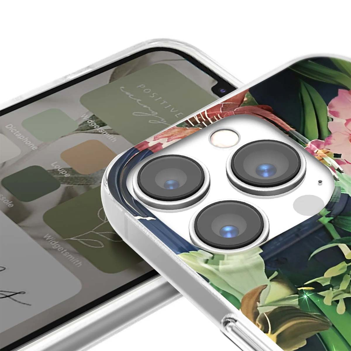 Primo piano di un telefono con custodia floreale. Lo schermo mostra app, la custodia fiori rosa e foglie.