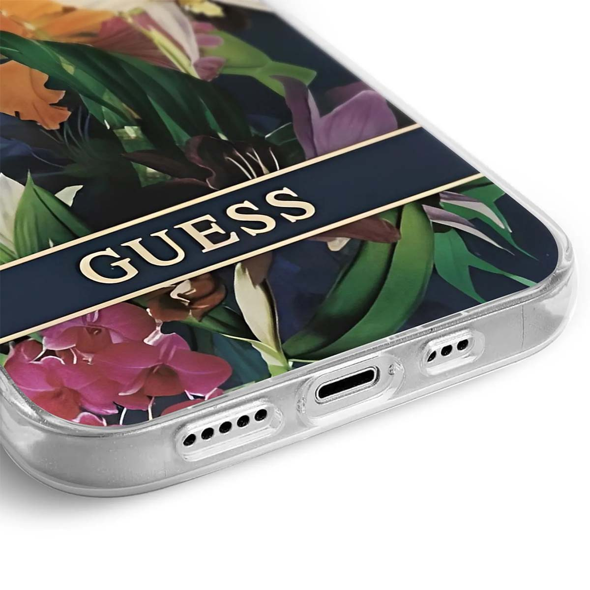 Custodia per telefono con design floreale, logo Guess su una fascia blu scuro. Fiori rosa, arancioni e verdi. Bordi trasparenti.