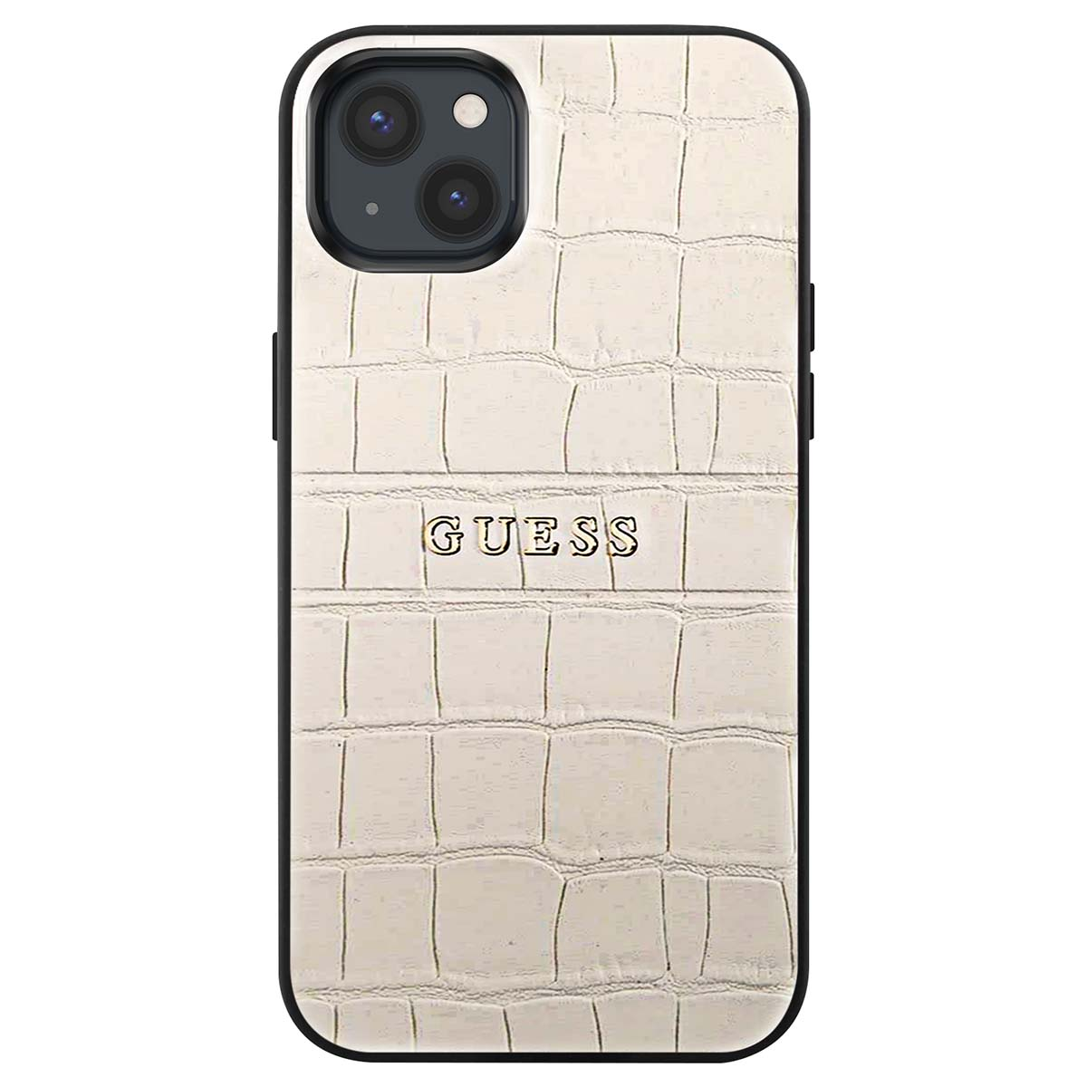 Una cover bianca Guess per iPhone con texture pelle di coccodrillo. Ha un bordo nero e il logo Guess visibile.