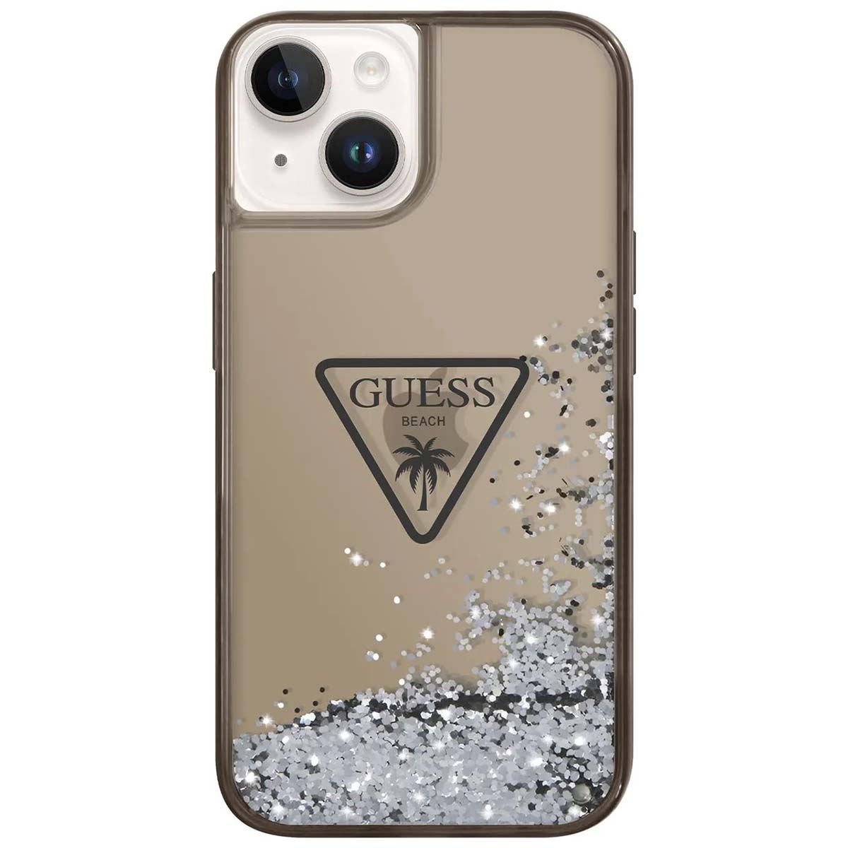 Custodia trasparente per telefono con logo Guess e palma, glitter argentati in basso. Il telefono ha due fotocamere.