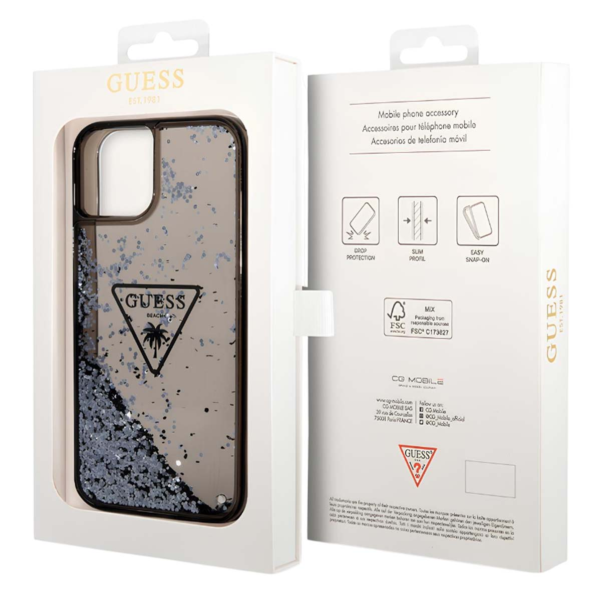 Una custodia Guess per telefono nella sua scatola. È trasparente con glitter blu e un logo Guess. La scatola è bianca con testo.