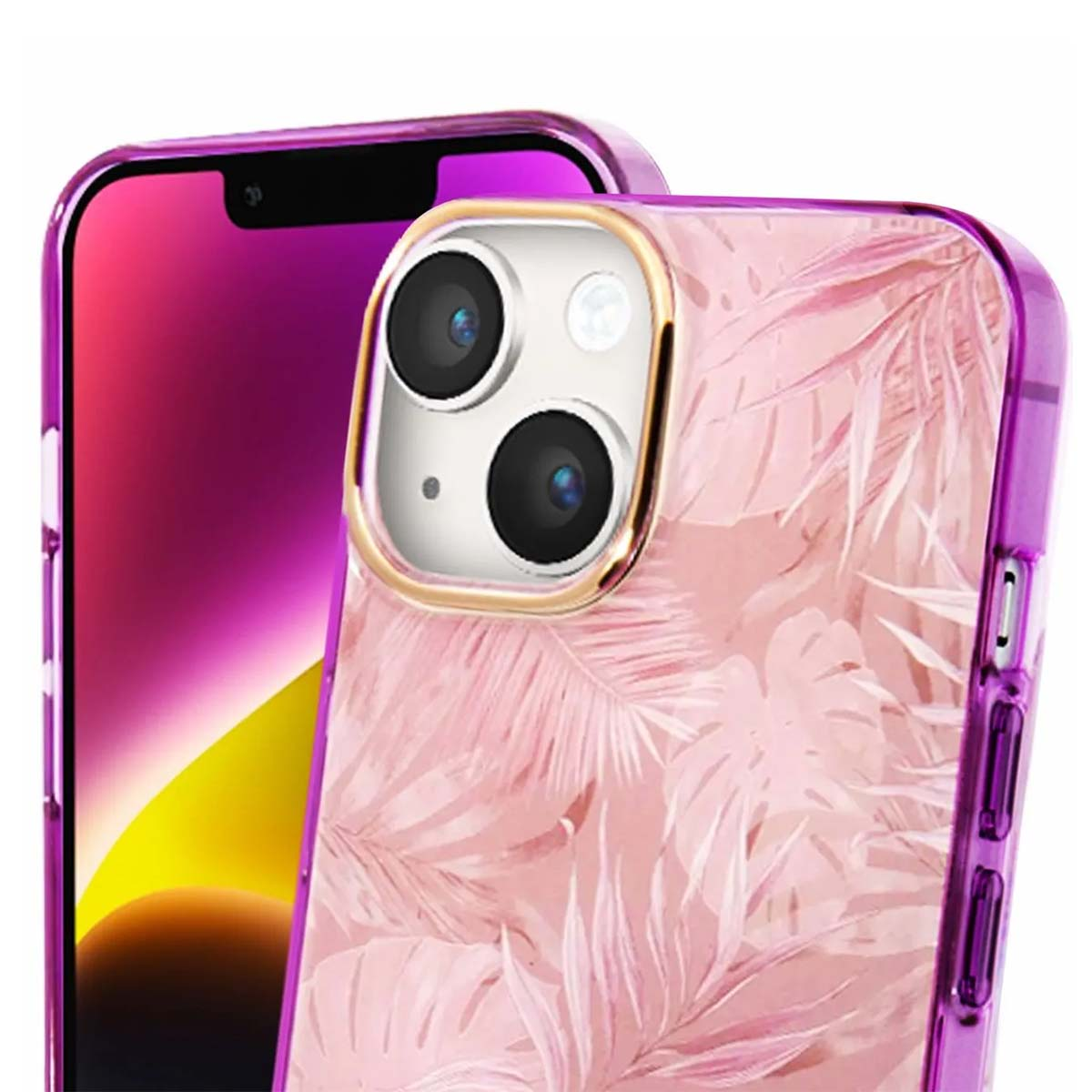 Ein Telefon mit einer rosa Blumenschutzhülle. Das Telefon hat einen lila Rahmen. Die Hülle hat einen goldenen Kameraring und zwei Objektive.