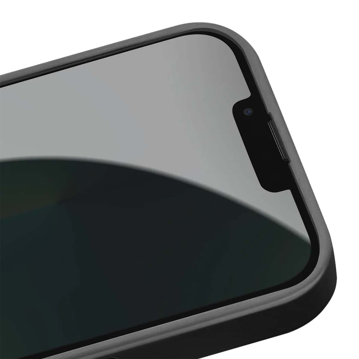 Nahaufnahme eines Smartphones. Der Bildschirm ist dunkelgrau, umrahmt von einem schwarzen Rahmen. Eine Kerbe ist am oberen Rand sichtbar.