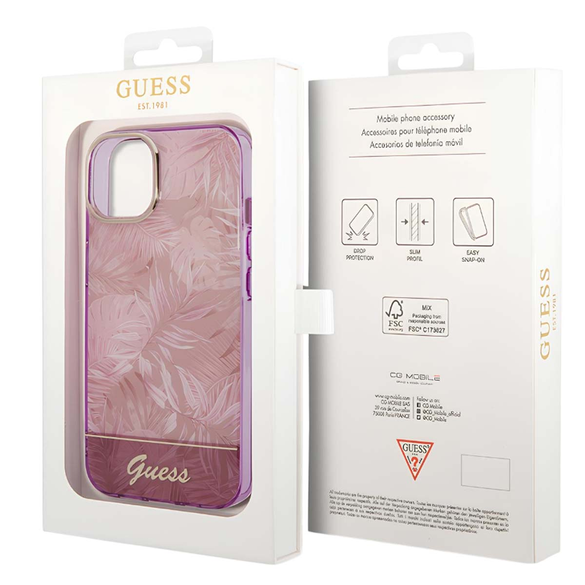 Eine Guess-Handyhülle in einer Schachtel. Die Hülle ist lila mit floralem Design. Die Schachtel hat Produktdetails.