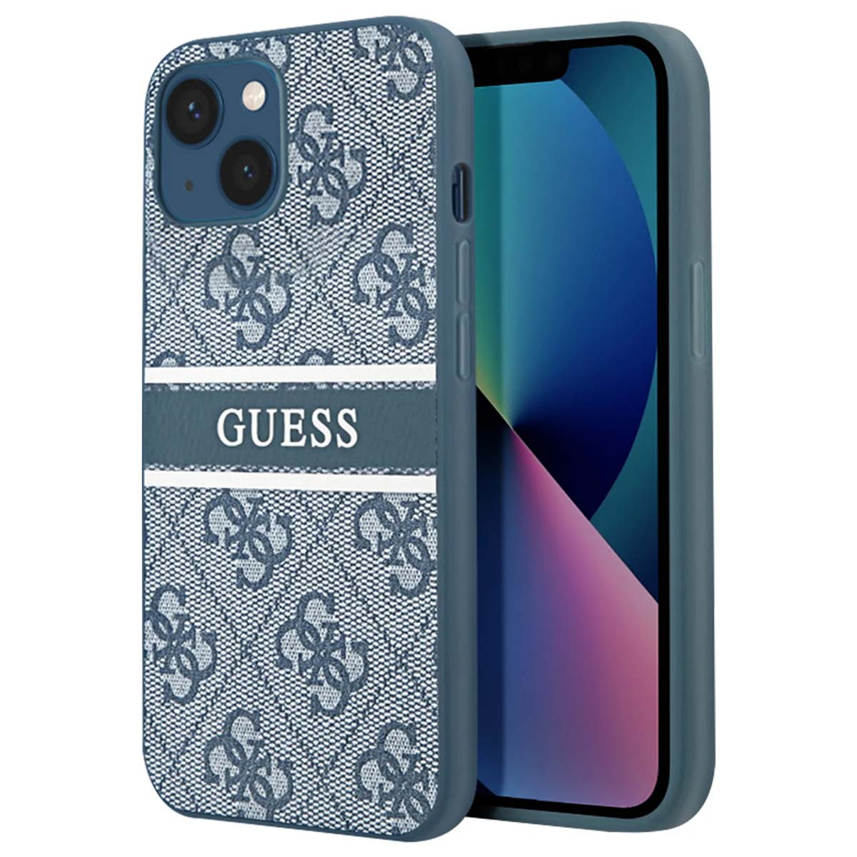 Ein Telefon in einer Guess-Hülle. Die Hülle ist blau mit einem Muster und dem Wort GUESS. Der Bildschirm des Telefons ist sichtbar.