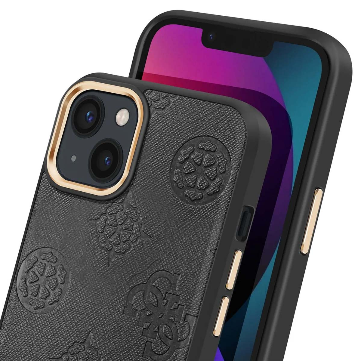 Custodia nera con dettagli dorati, design in rilievo e schermo con gradienti viola e blu.
