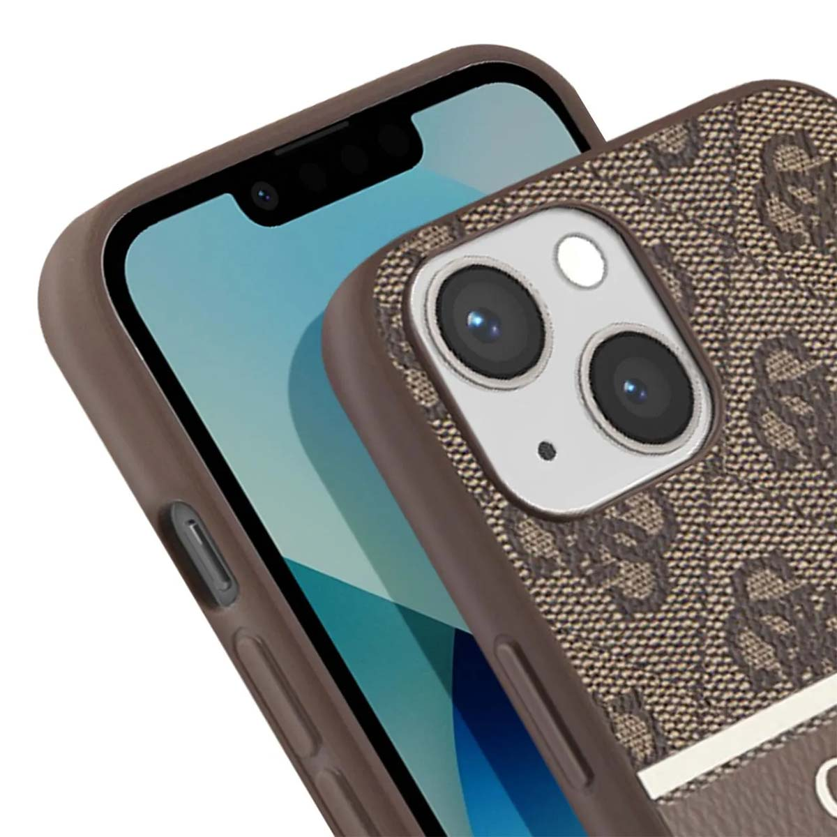 Primo piano di una custodia marrone per iPhone con un design a fantasia, che copre parzialmente lo schermo del telefono.