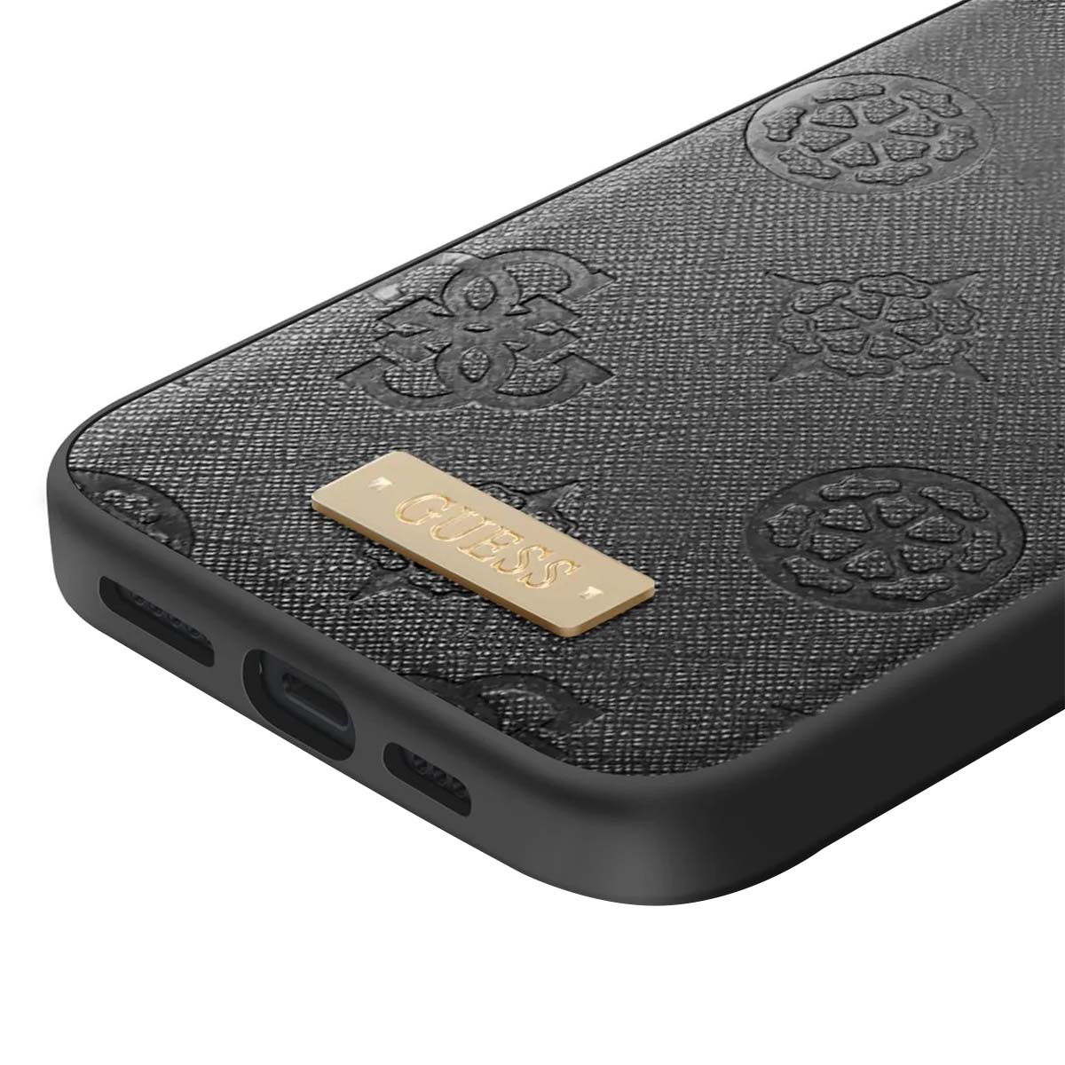 Custodia per telefono Guess nera. Superficie strutturata con loghi in rilievo. Etichetta Guess dorata in basso. Bordo nero.