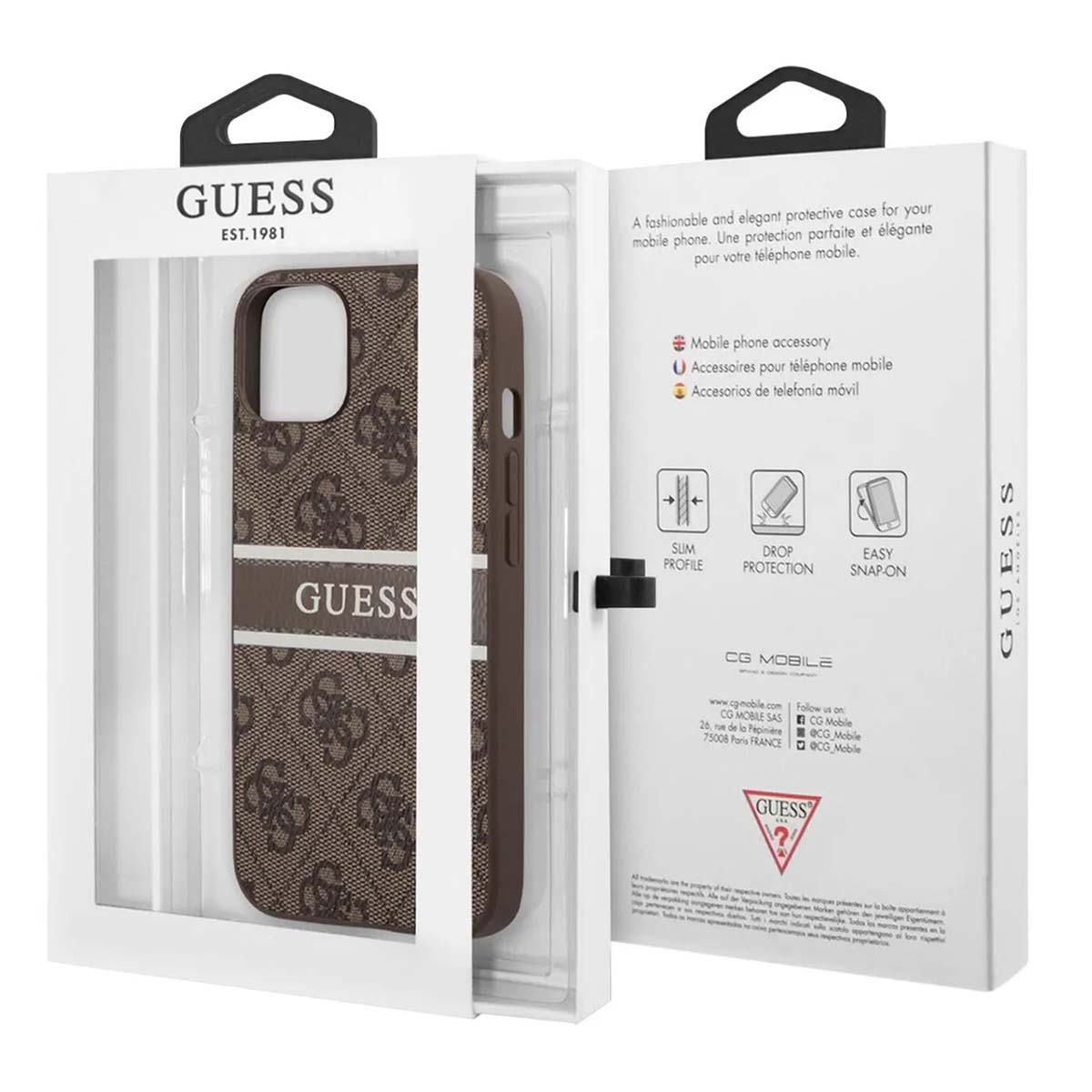 Una custodia Guess per telefono in una scatola. La custodia è marrone con il logo Guess. La scatola è bianca con testo e loghi.