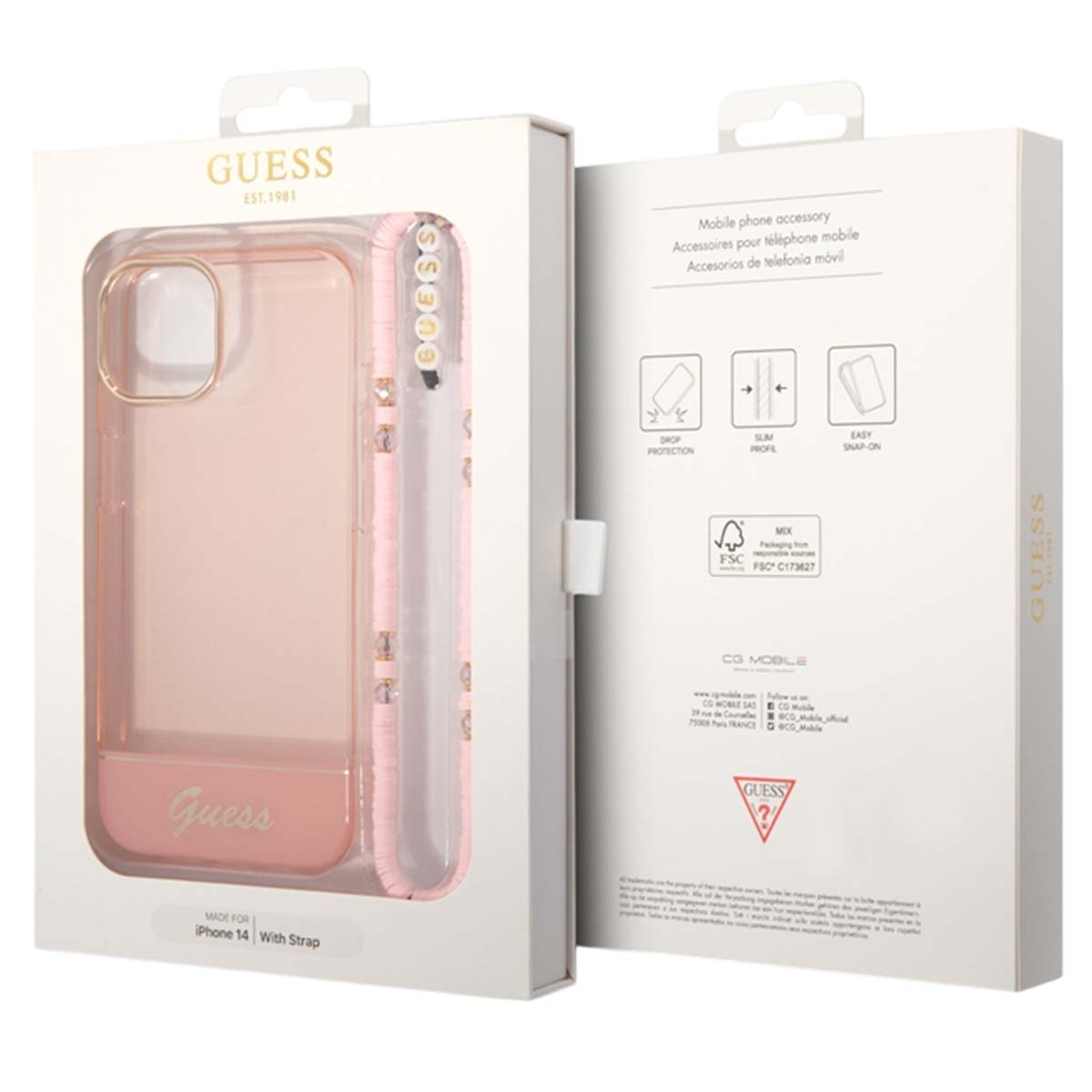 Una custodia Guess per iPhone 14, in una scatola. La custodia è rosa con dettagli dorati. La scatola mostra il marchio e le caratteristiche.