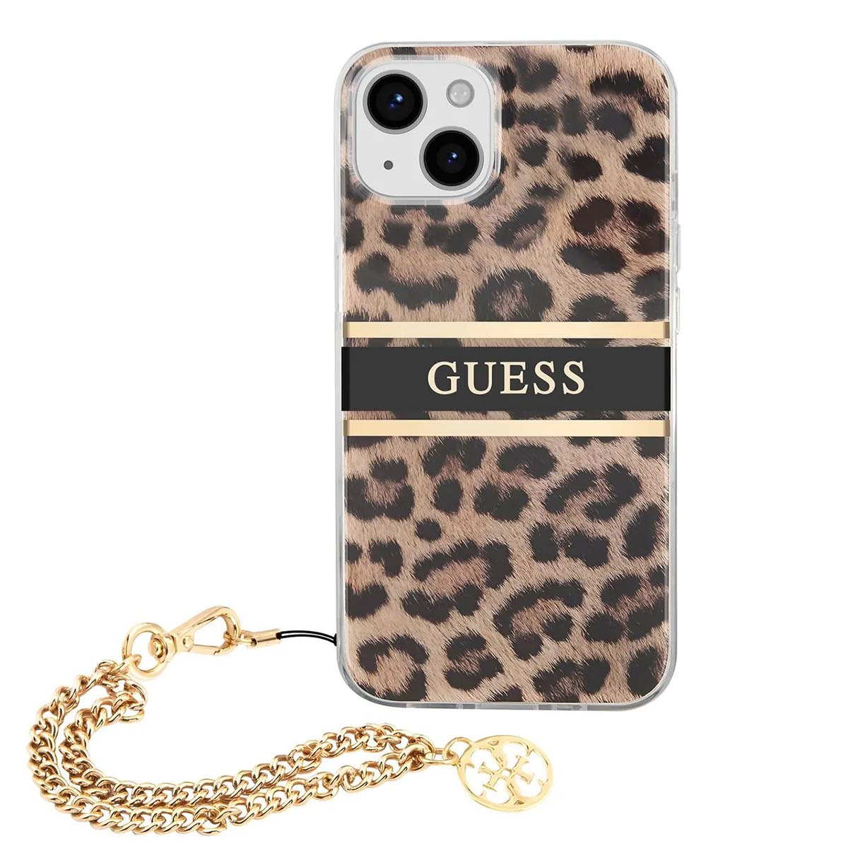 Una custodia per telefono con stampa leopardata e una catena d'oro. La custodia ha la scritta 'GUESS'.