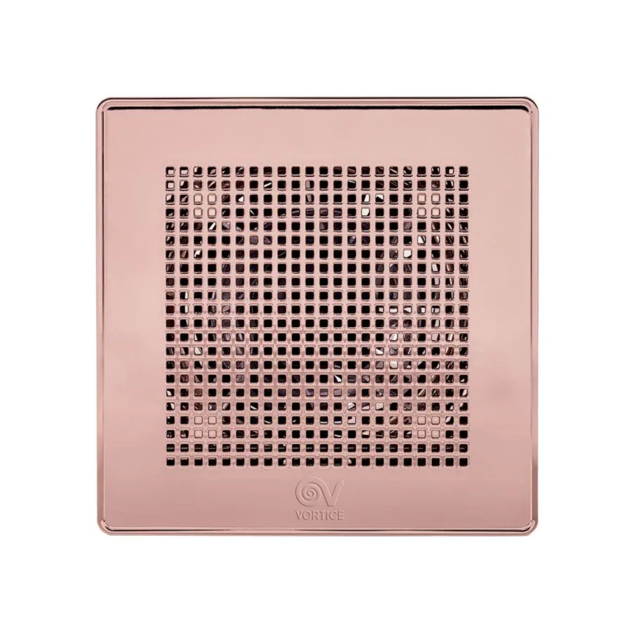 Eine roségoldene quadratische Lüfterabdeckung mit vielen kleinen quadratischen Löchern. Unten steht der Markenname "Vortice".
