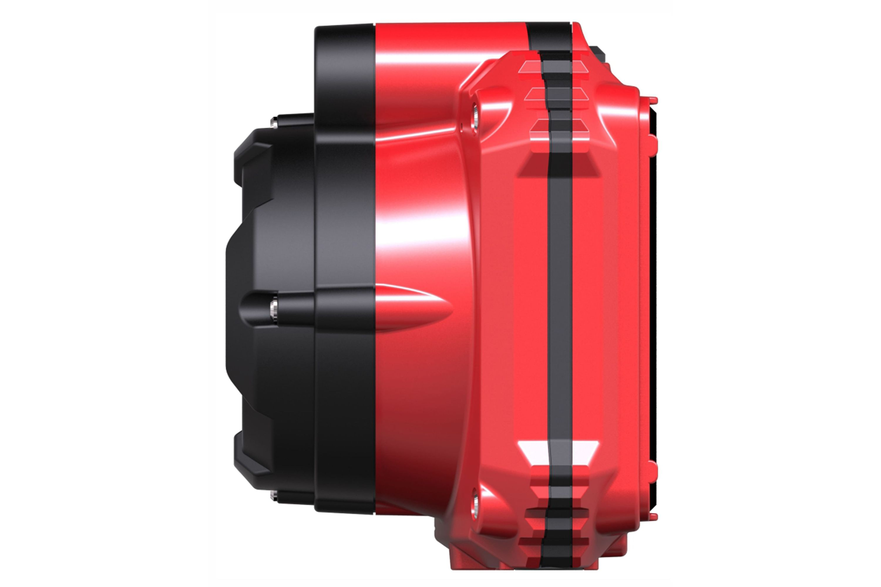 Czerwono-czarny element mechaniczny na białym tle. Ma zaokrąglony kształt i żebrowaną teksturę.