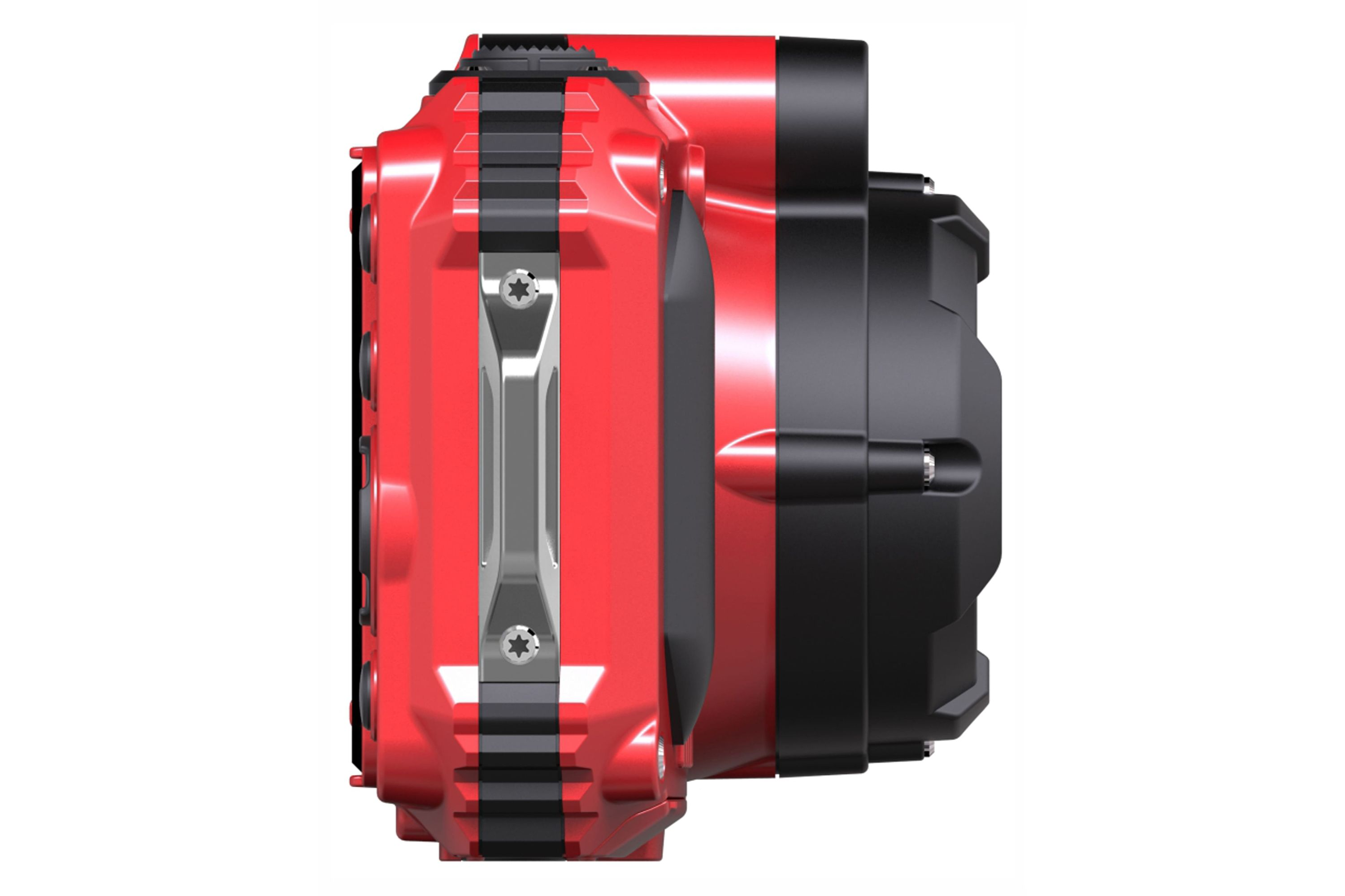 Czerwono-czarne urządzenie, prawdopodobnie kamera lub obudowa, pokazane z profilu na białym tle.