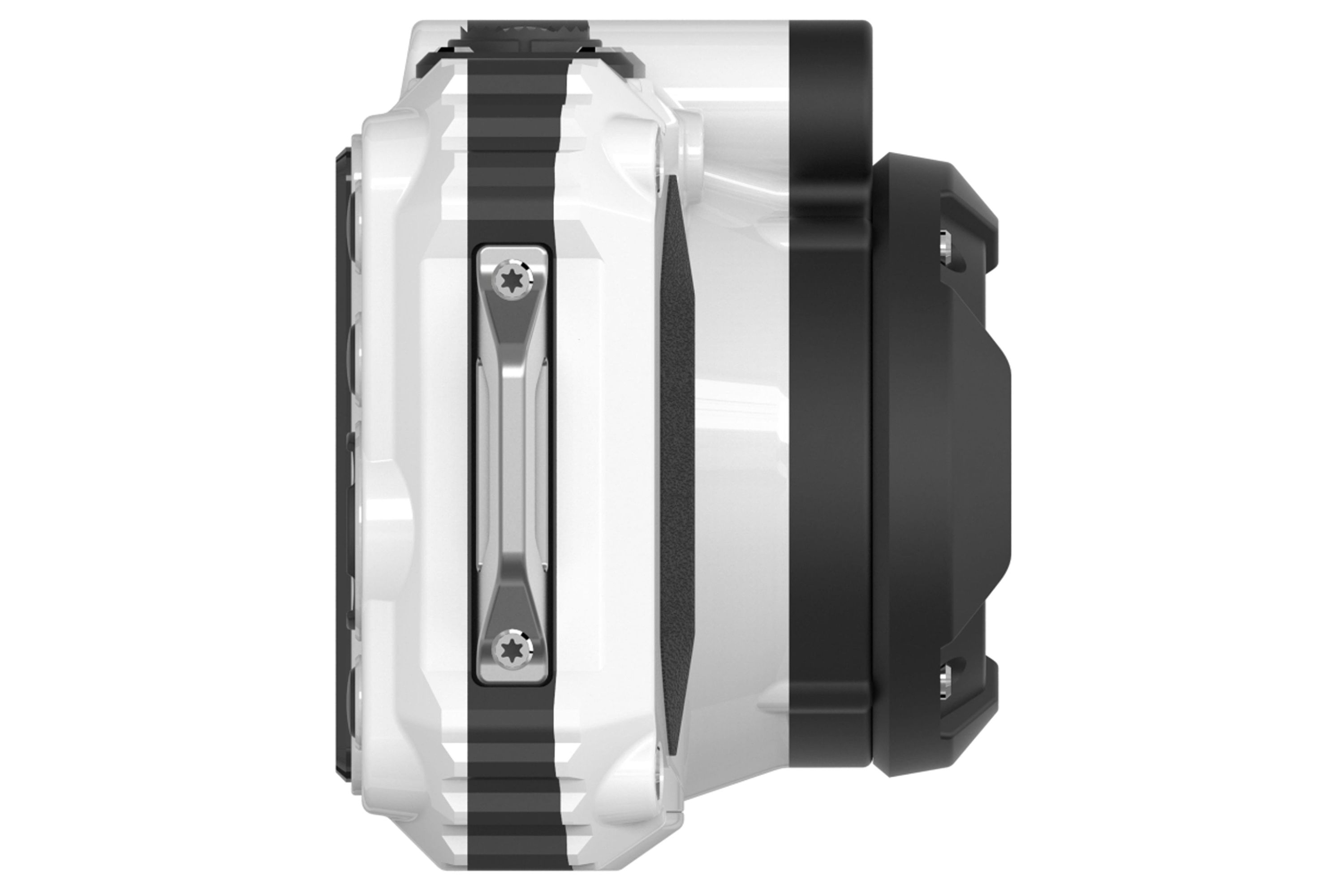 Biało-czarna kamera w profilu. Ma srebrny metalowy pasek z boku i czarny obiektyw po prawej stronie.