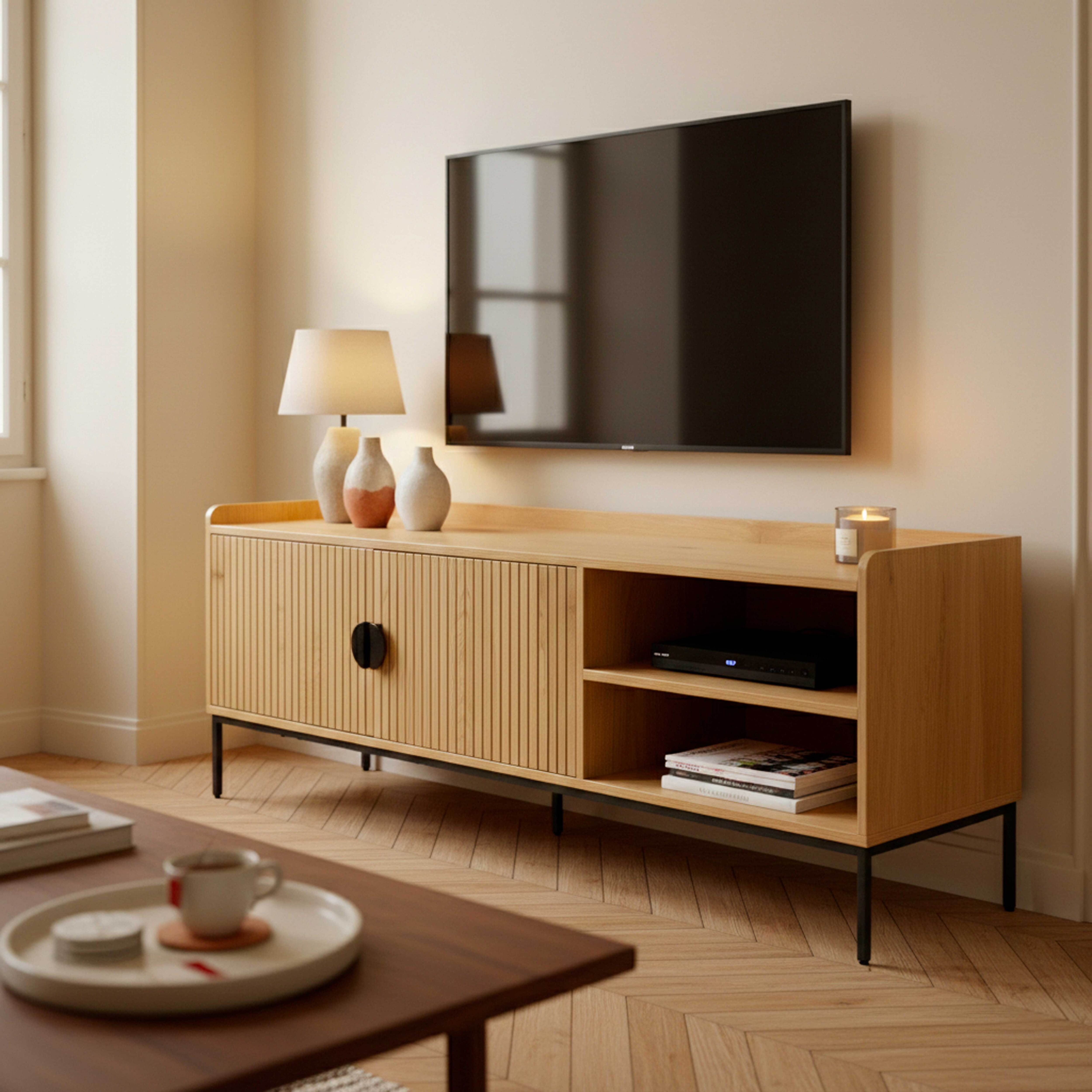 Wohnzimmer mit Fernseher über einem Holzschrank, einer Lampe und einem Couchtisch mit Tablett und Tasse.