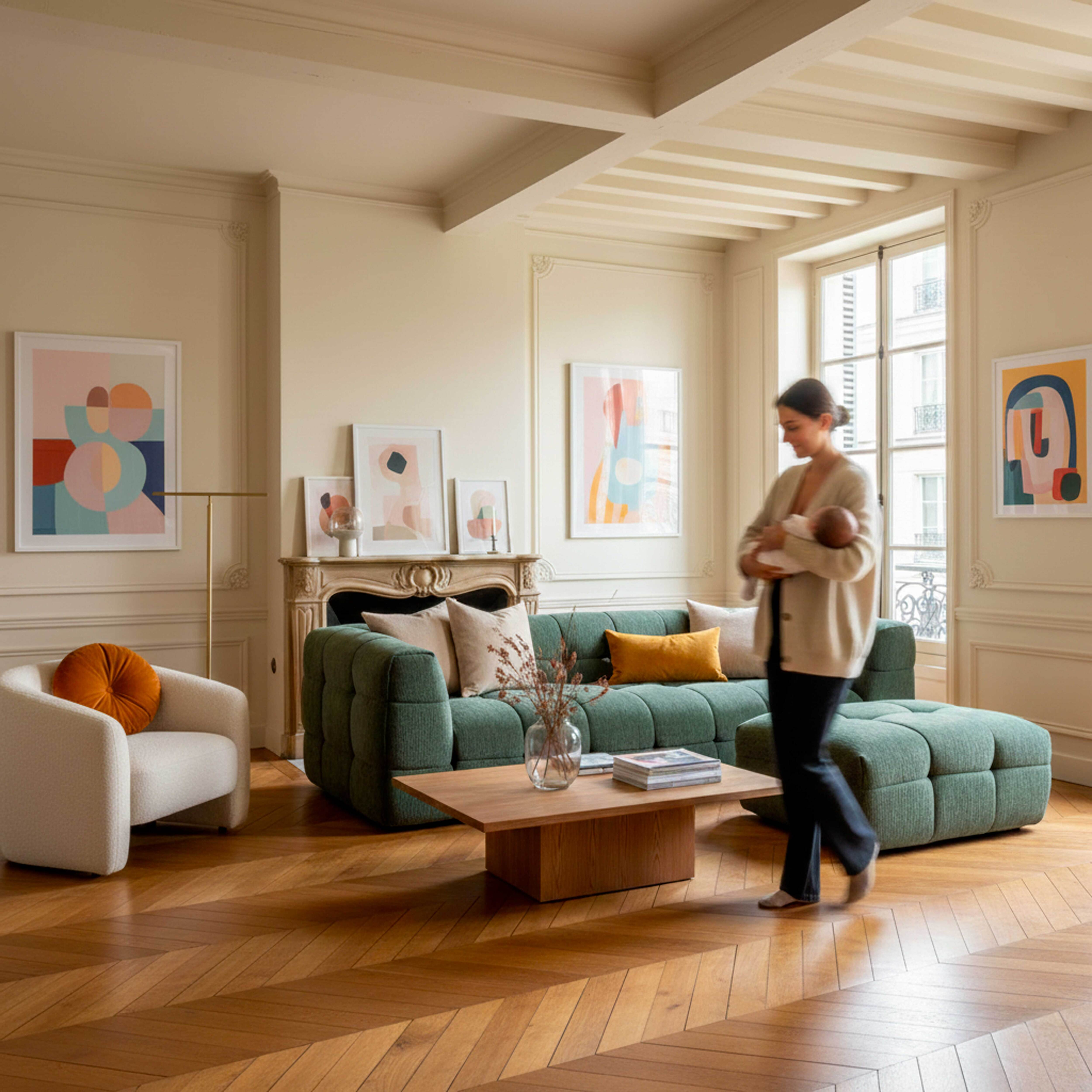 Eine Frau mit Baby geht in einem Wohnzimmer. Ein grünes Sofa, ein weißer Sessel und abstrakte Kunst sind zu sehen.