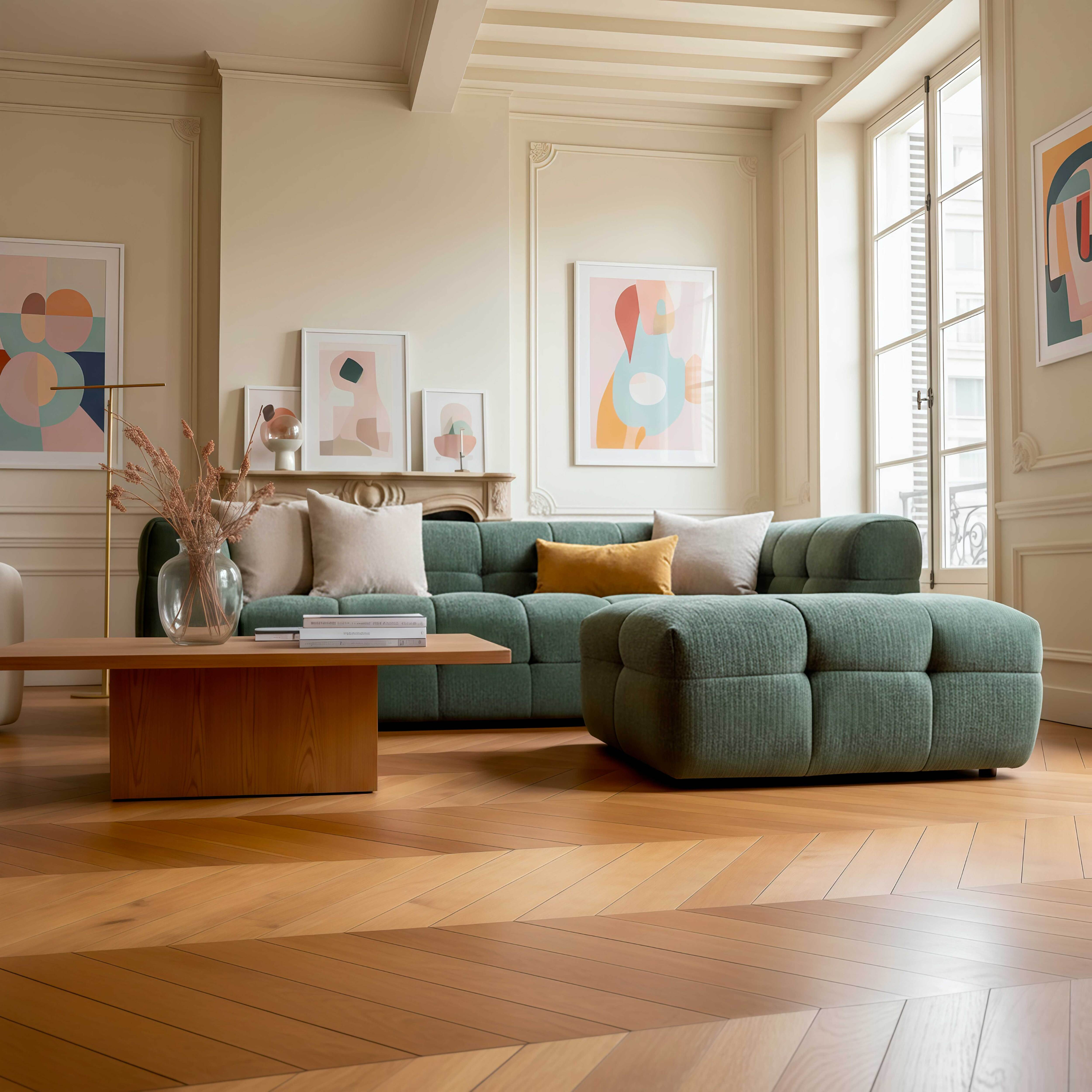 Modernes Wohnzimmer mit grünem Sofa, Holzboden, abstrakter Kunst und großen Fenstern.