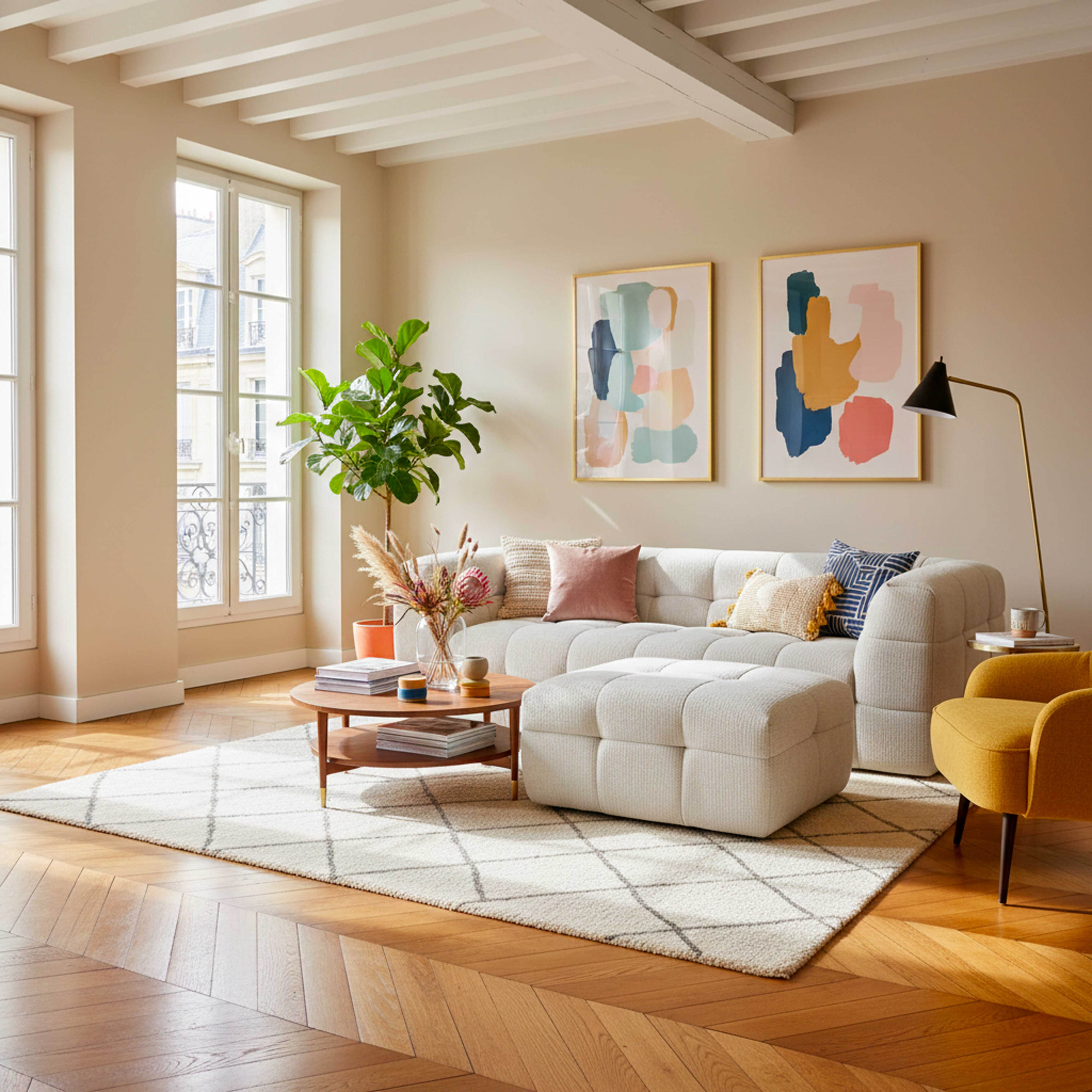 Ein Wohnzimmer mit weißem Sofa, rundem Tisch und einer großen Pflanze. Zwei abstrakte Gemälde hängen an der Wand.