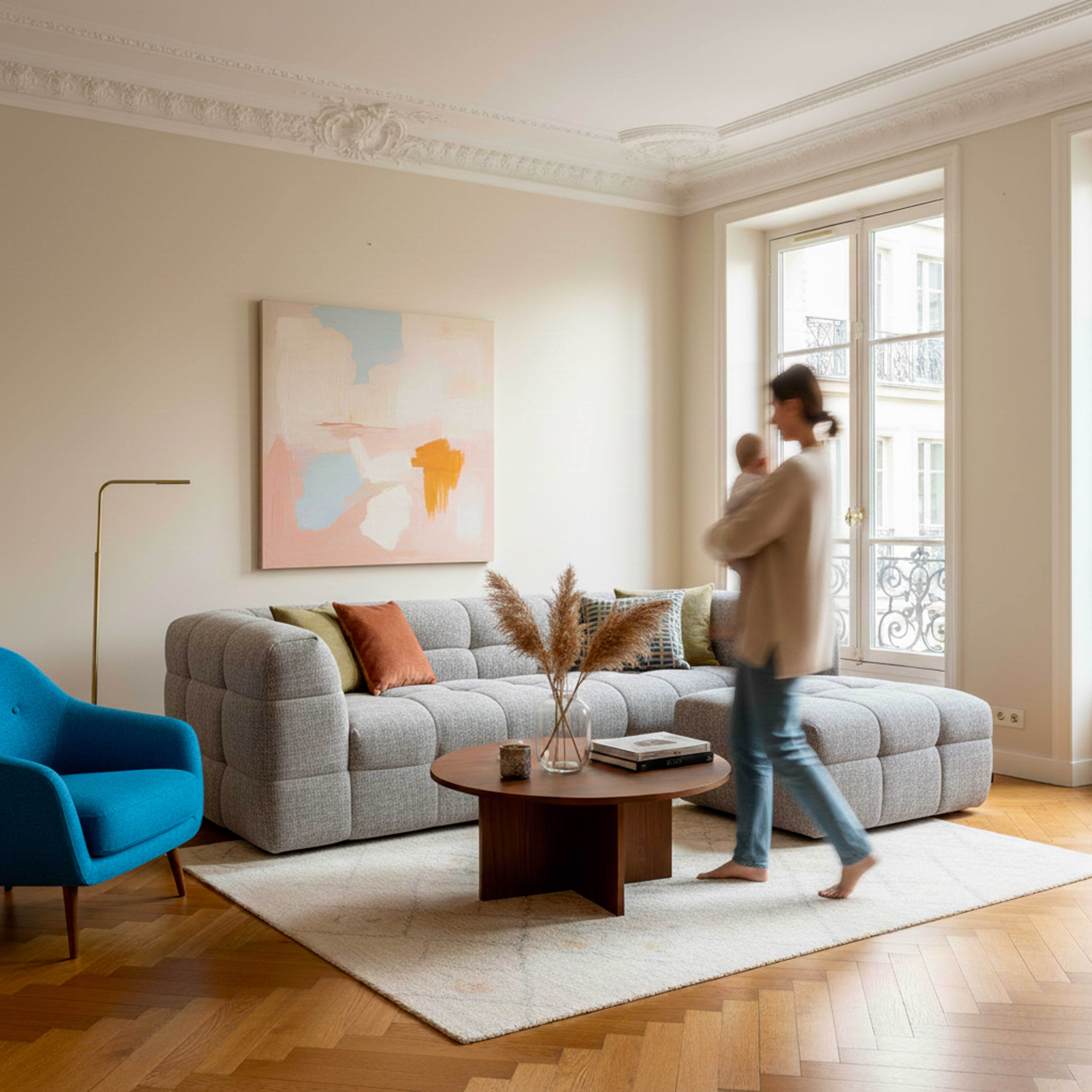 Eine Frau geht mit einem Baby in einem Raum. Ein graues Sofa, ein blauer Stuhl und ein runder Tisch sind sichtbar. Ein Gemälde hängt an der Wand.