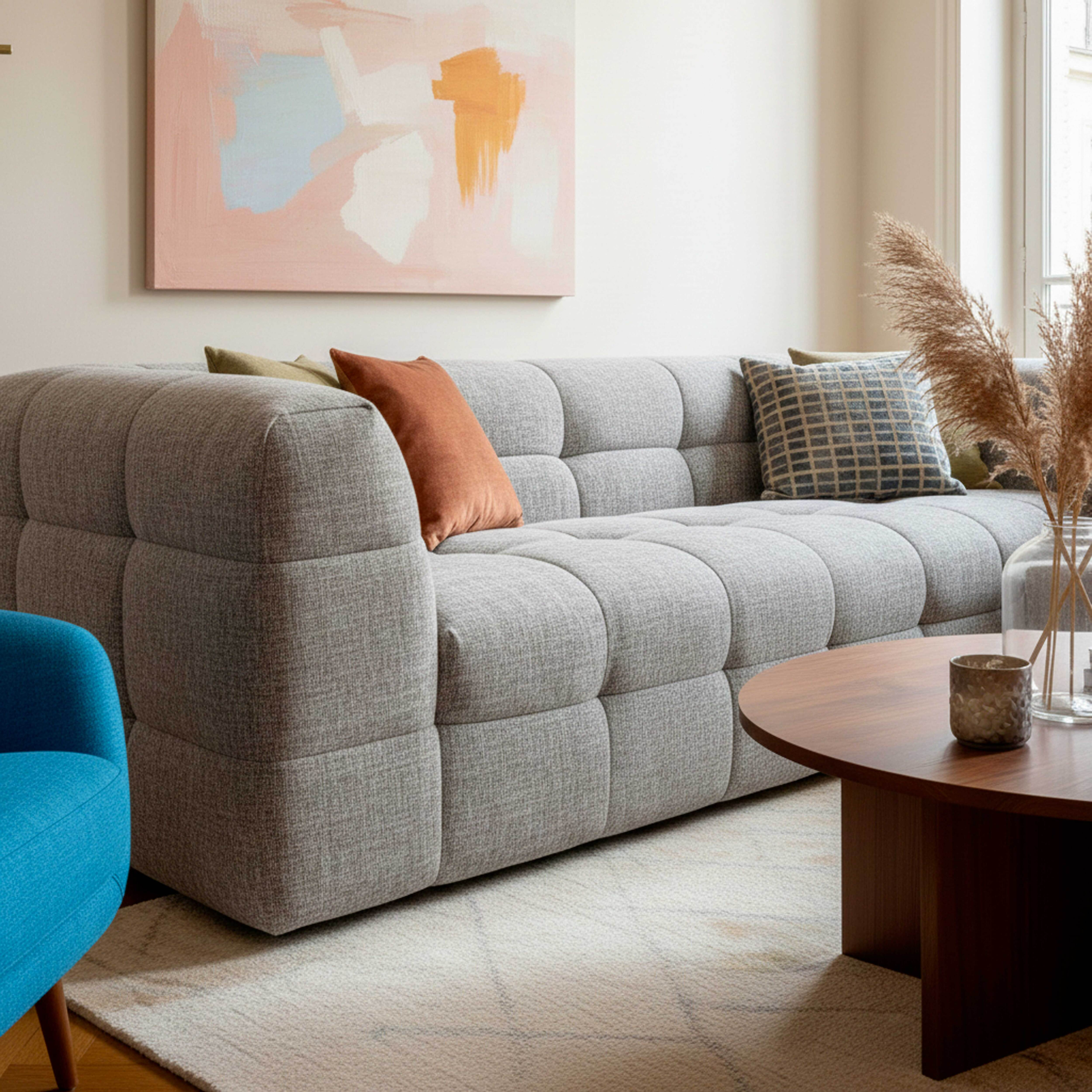 Graues Sofa mit orangefarbenen und blauen Kissen, ein runder Holztisch und ein blauer Stuhl. An der Wand befindet sich ein abstraktes Gemälde.