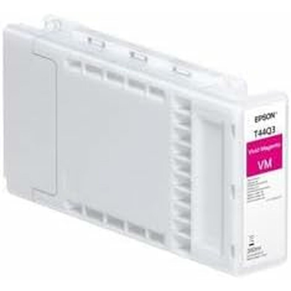Biały wkład atramentowy Epson z magentową etykietą z napisem 'VM'. Wkład jest prostokątny z wentylowanym bokiem.
