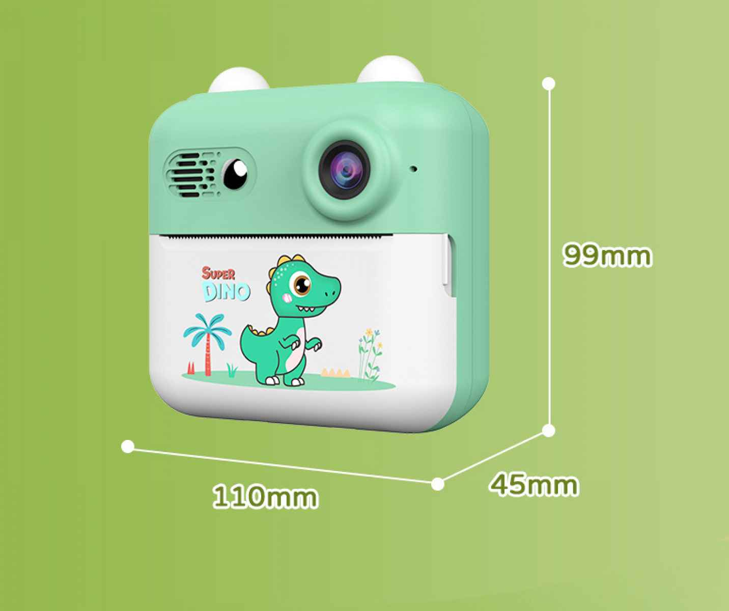 Eine mintgrüne Super-Dino-Kamera mit einem Cartoon-Dinosaurier-Bild. Die Abmessungen sind 110 mm x 99 mm x 45 mm, auf grünem Hintergrund.