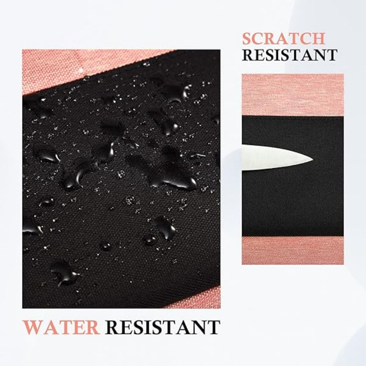 Nahaufnahme eines schwarzen Stoffes mit Wassertropfen. Rosa und schwarzer Stoff mit einer Messerillustration. Text: wasserfest und kratzfest.
