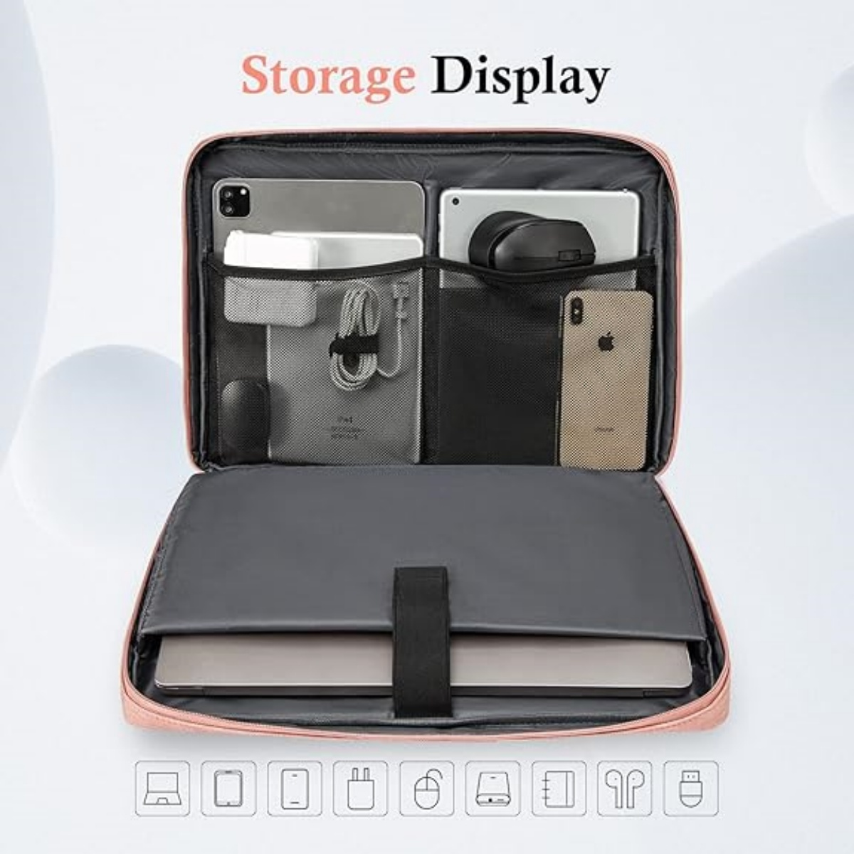 Offene rosa Aufbewahrungstasche mit Geräten: Laptop, Tablets, Telefon, Maus, Ladegerät. Anzeigetext lautet Storage Display. Symbole unten.
