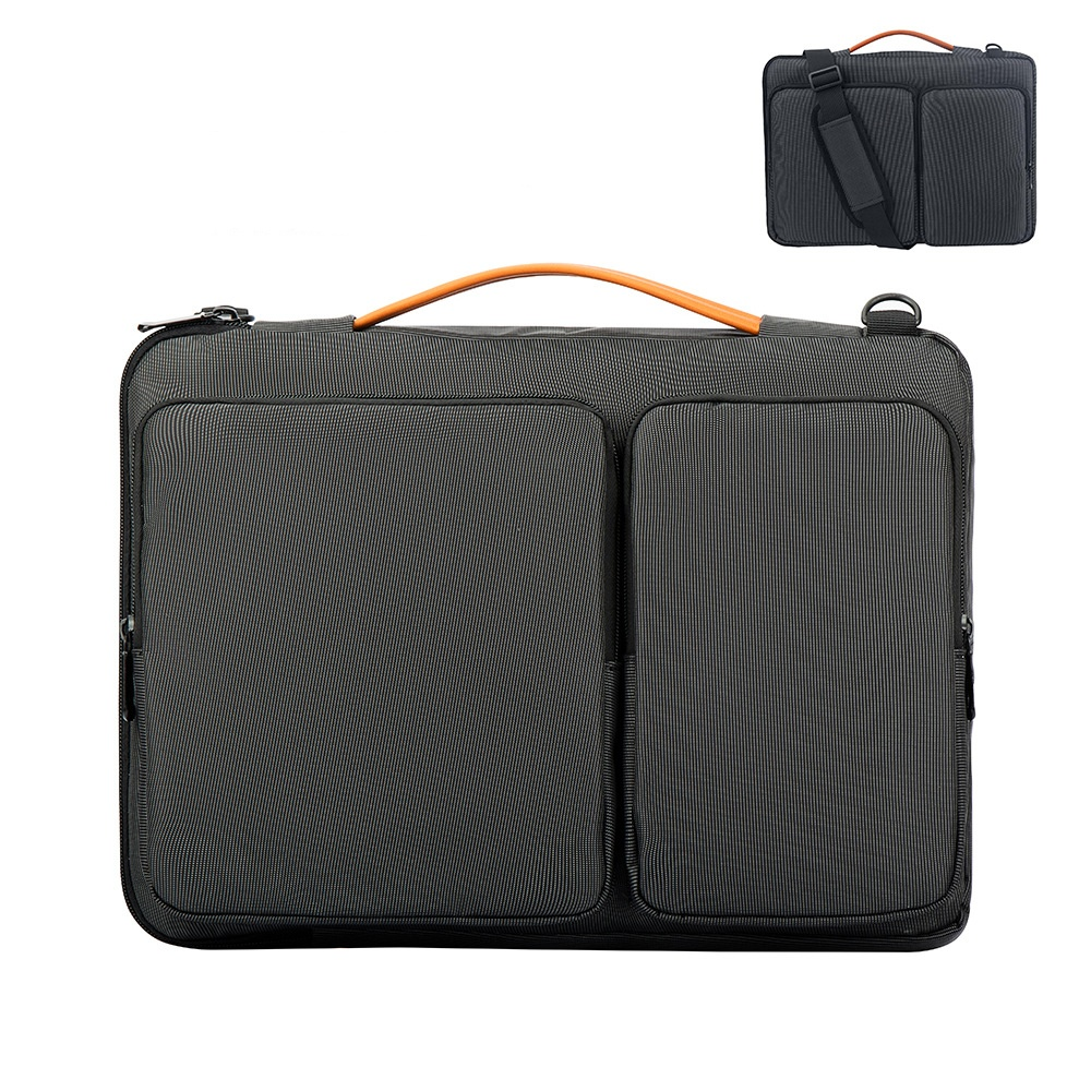 Eine graue Laptoptasche mit zwei Fächern und einem orangefarbenen Griff. Eine kleinere Version ist oben rechts.
