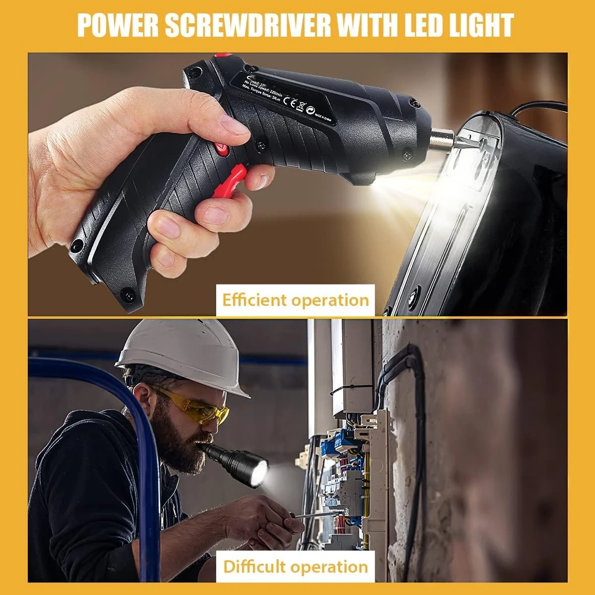 Das Bild zeigt einen Akkuschrauber mit LED-Licht, der einen effizienten Betrieb und schwierige Arbeiten demonstriert. Ein Arbeiter benutzt ihn.