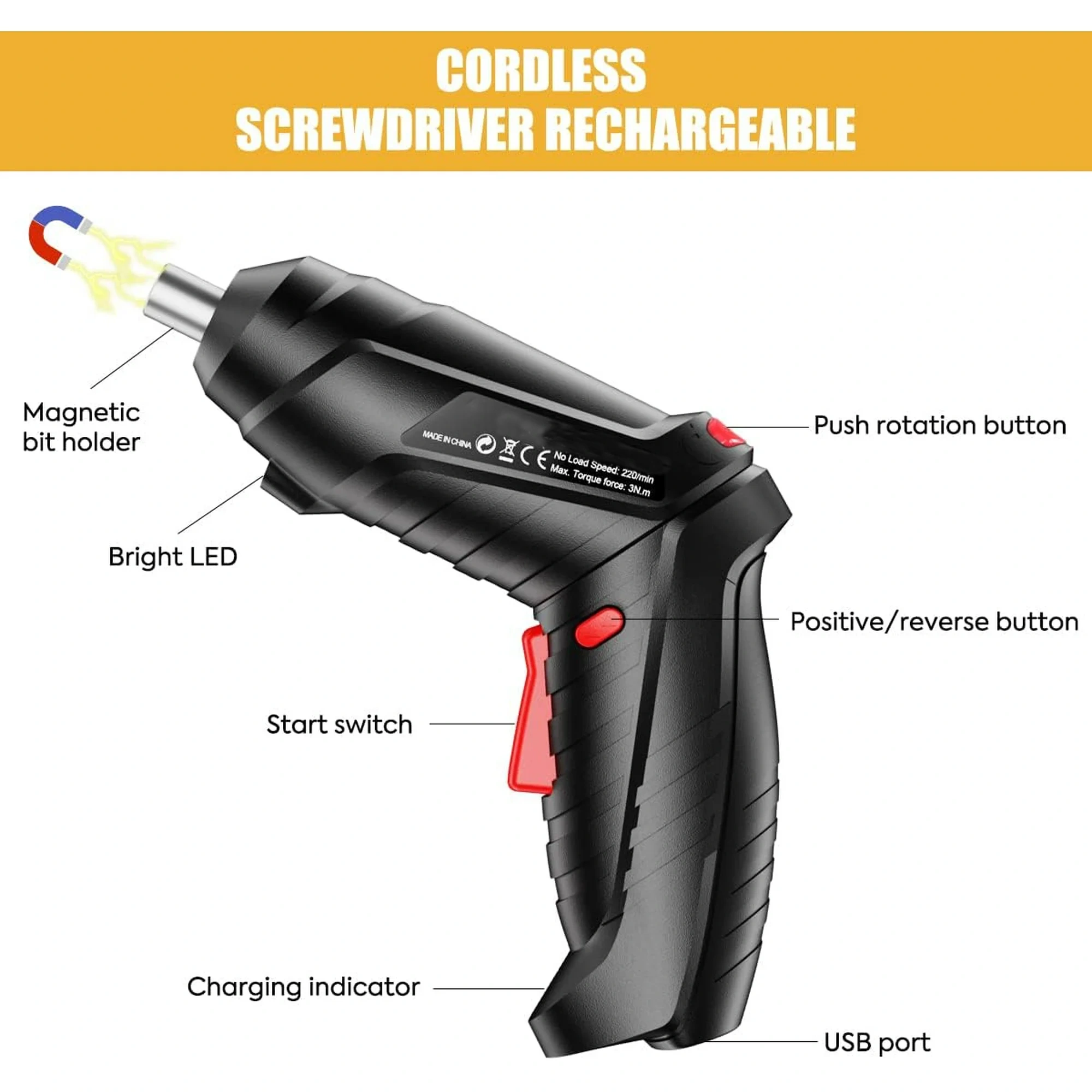 Akku-Schraubendreher mit Beschriftung: Magnet, LED, Startschalter und USB-Anschluss.