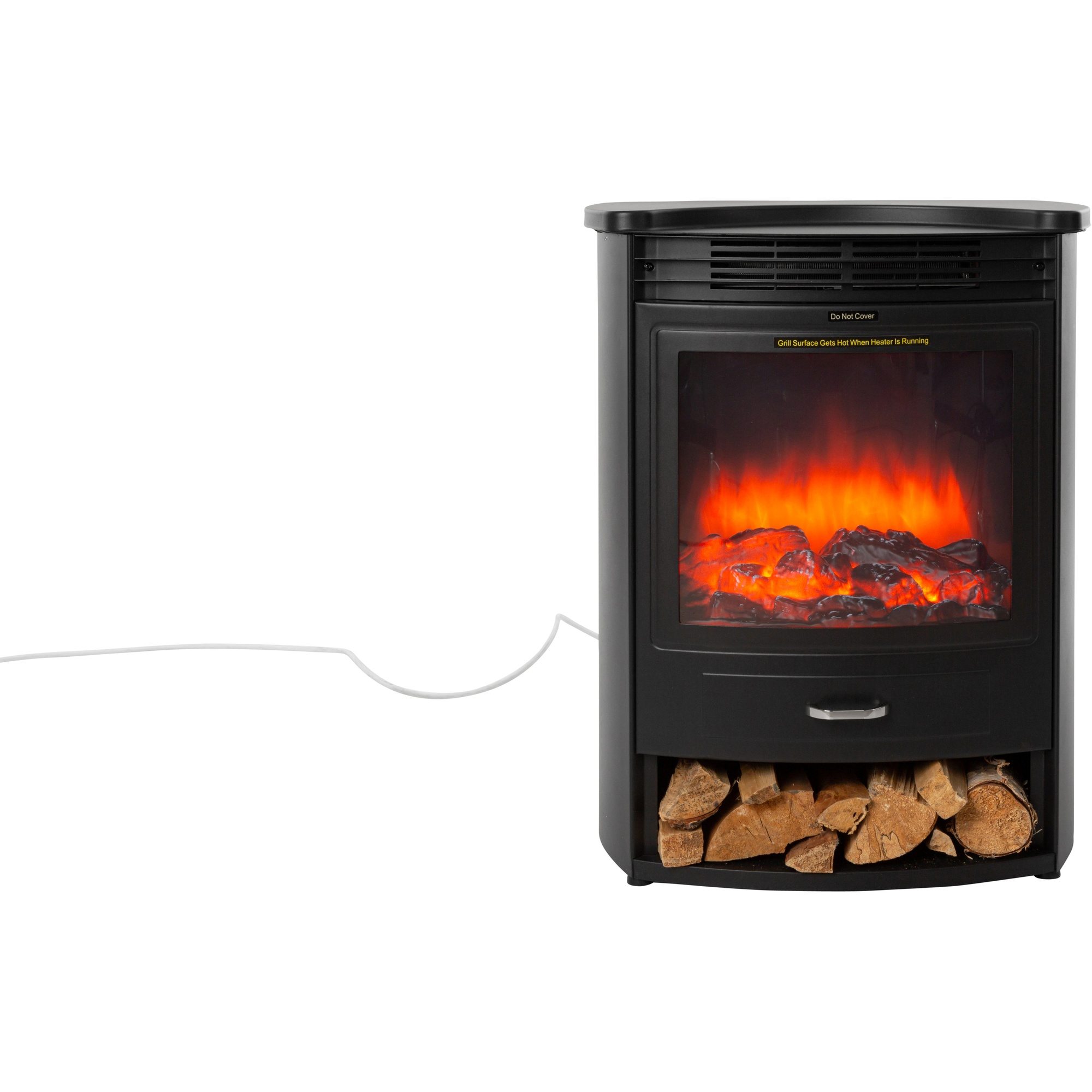 Un caminetto elettrico nero con effetto fuoco incandescente, ceppi e cavo di alimentazione su sfondo bianco.
