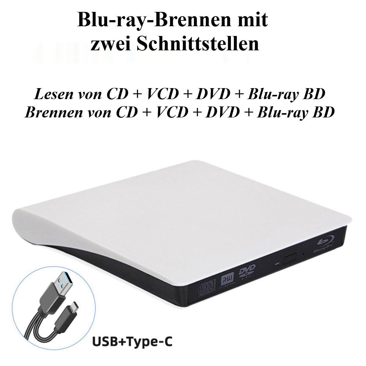 Ein weißes und schwarzes externes DVD/Blu-ray-Laufwerk. Es liest und brennt CDs, DVDs und Blu-ray-Discs. Inklusive USB- und Typ-C-Kabel.