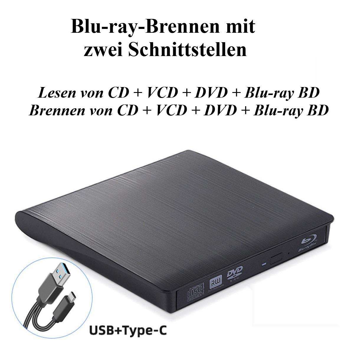 Ein schwarzes Blu-ray-Laufwerk mit USB-Kabel. Text oben beschreibt das Lesen und Brennen von CDs, DVDs und Blu-rays.