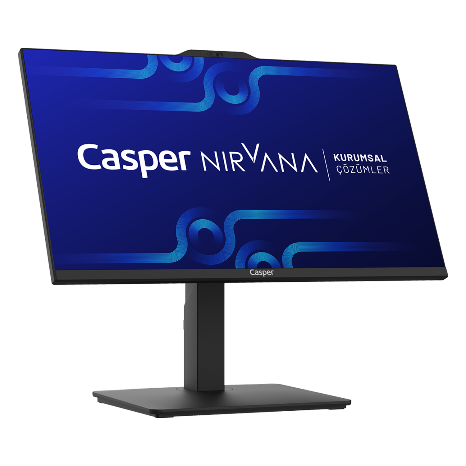 'Casper NIRVANA' yazan bir bilgisayar monitörü. Siyah standı ve çerçevesi, beyaz metin gösteren mavi gradyan ekranı var.