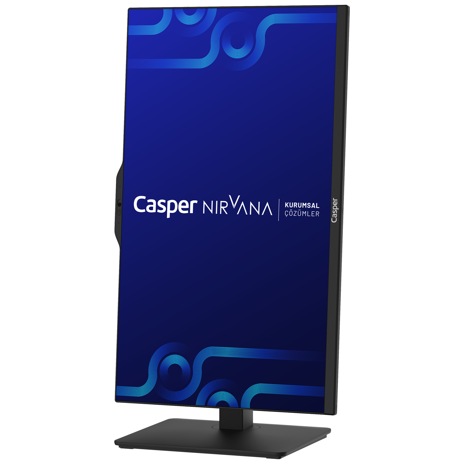 Ekranında Casper Nirvana logosu bulunan bir bilgisayar monitörü. Ekran, koyu mavi bir arka plan üzerinde mavi girdaplar gösteriyor.