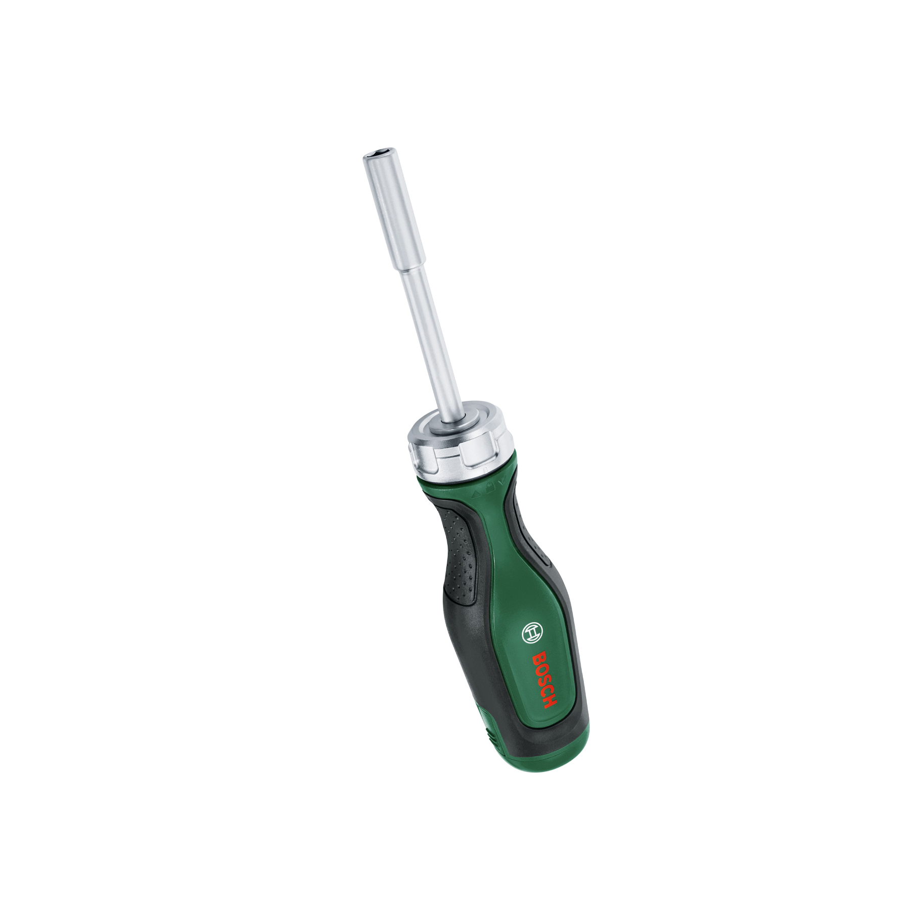 Gümüş uzantılı yeşil ve siyah bir Bosch tornavida, beyaz bir arka plan üzerinde açılı duruyor.