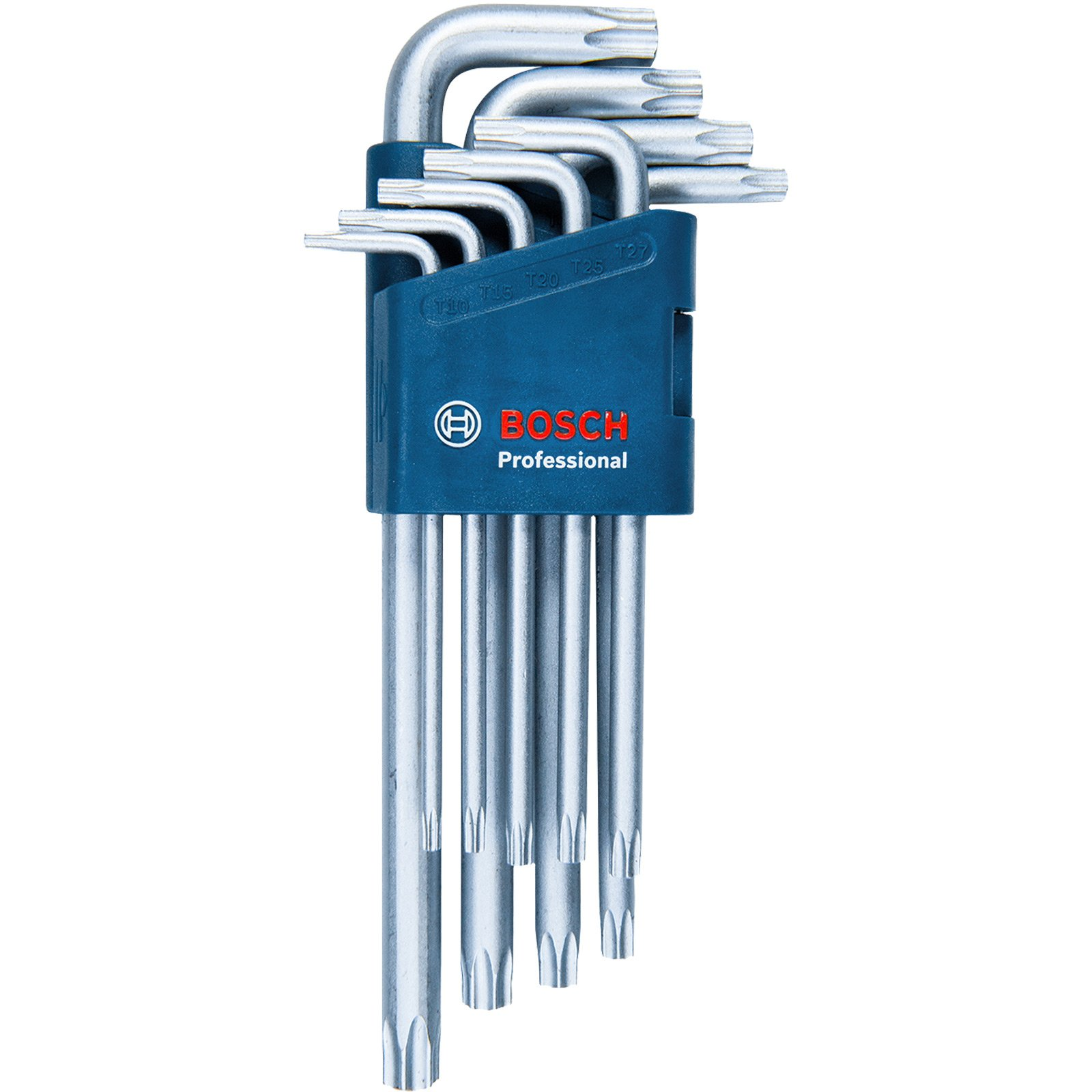 Beyaz zemin üzerinde, mavi bir tutucu içinde gümüş renkli Torx anahtar seti ve Bosch Professional logosu.